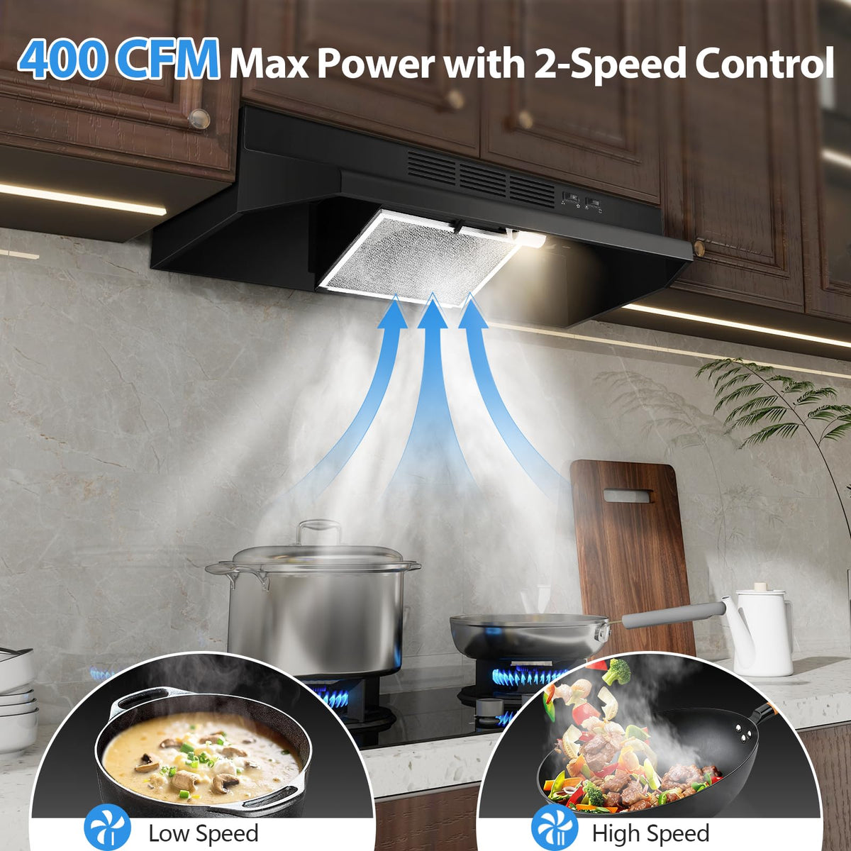 Tieasy Under Cabinet Range Hood 24 Inch, 400 CFM Stainless Steel Convertible Vent Hood with 2 Speed Exhaust Fan and Rocker Switch Control, Ducted/Ductless Kitchen Hood with Multiple Venting Options