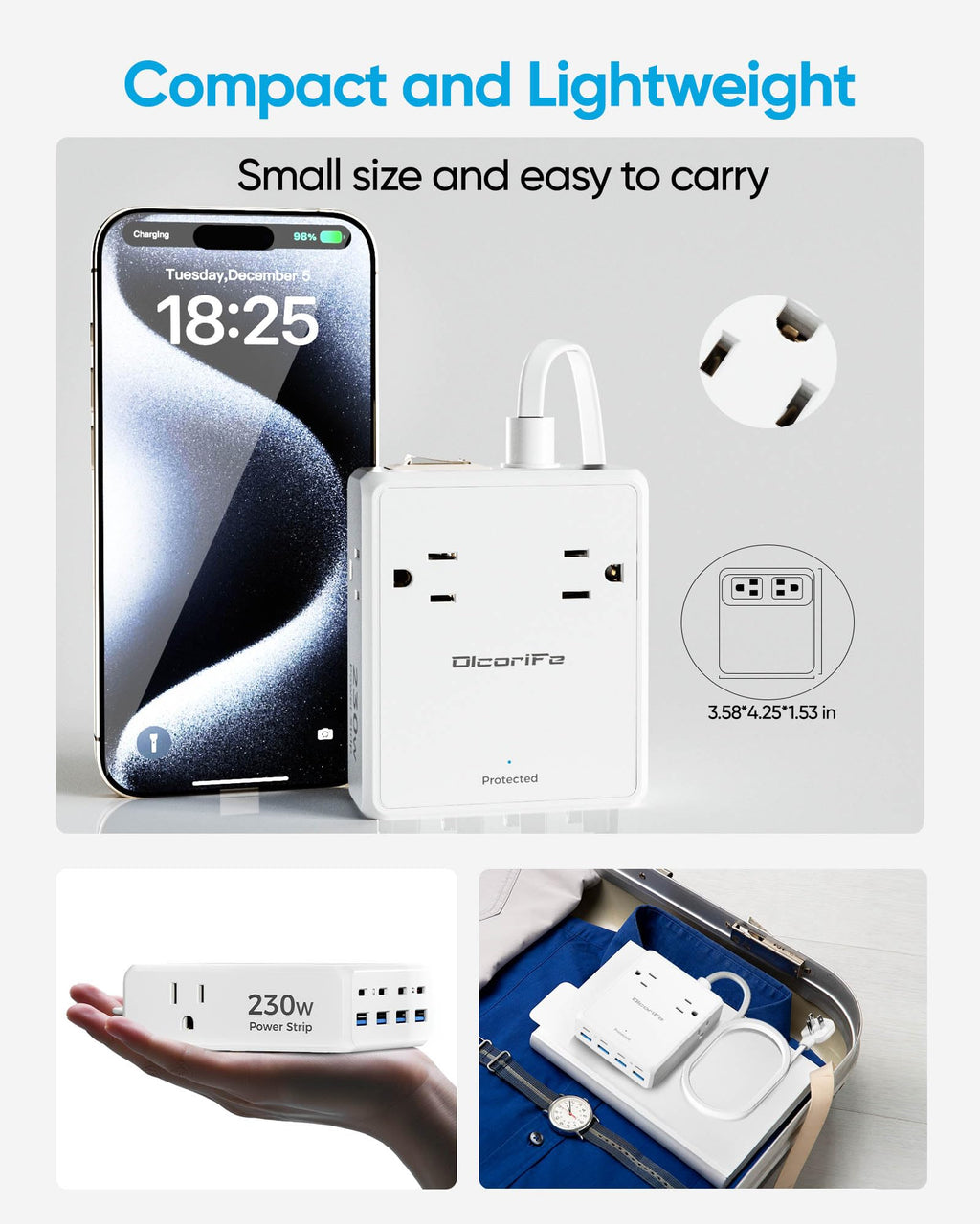 Olcorife Flat Plug Power Strip with 25 FT Extension Cord, 8 Outlets 8 USB Ports(4 USB C), 3 Sided Outlet Extender for Home Office Travel Dorm Room Essentials, White