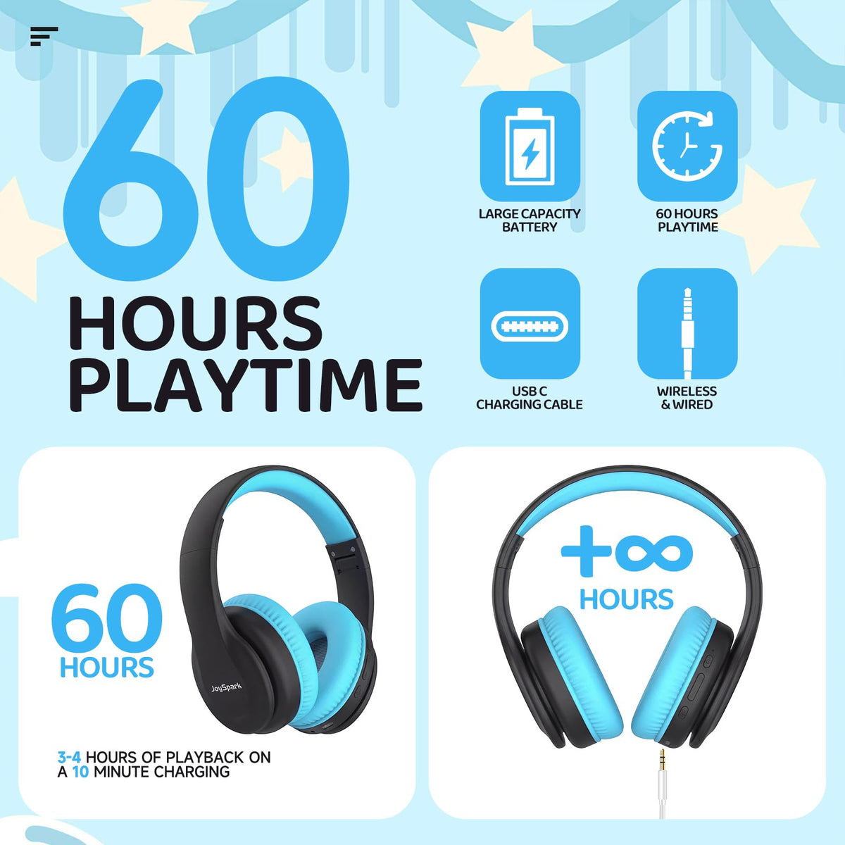 JoySpark Kids Bluetooth Headphones Over-Ear, 60Hrs, Built-in Mic-Purple