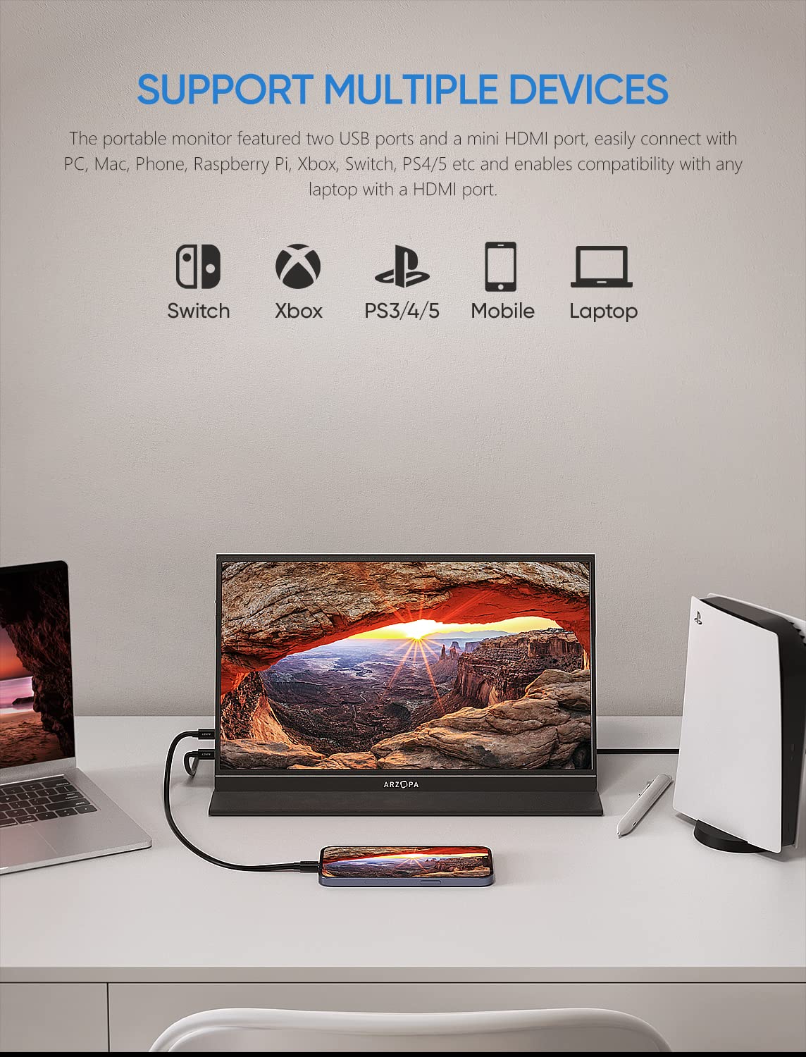 ARZOPA Portable Monitor 15.6" 1920×1080 FHD IPS Portable Monitor for Laptop with Kickstand, Ultra-Slim Second Screen for Laptop/PC/Mac/PS3/4/5/Xbox - USB C & HDMI Connectivity - A1