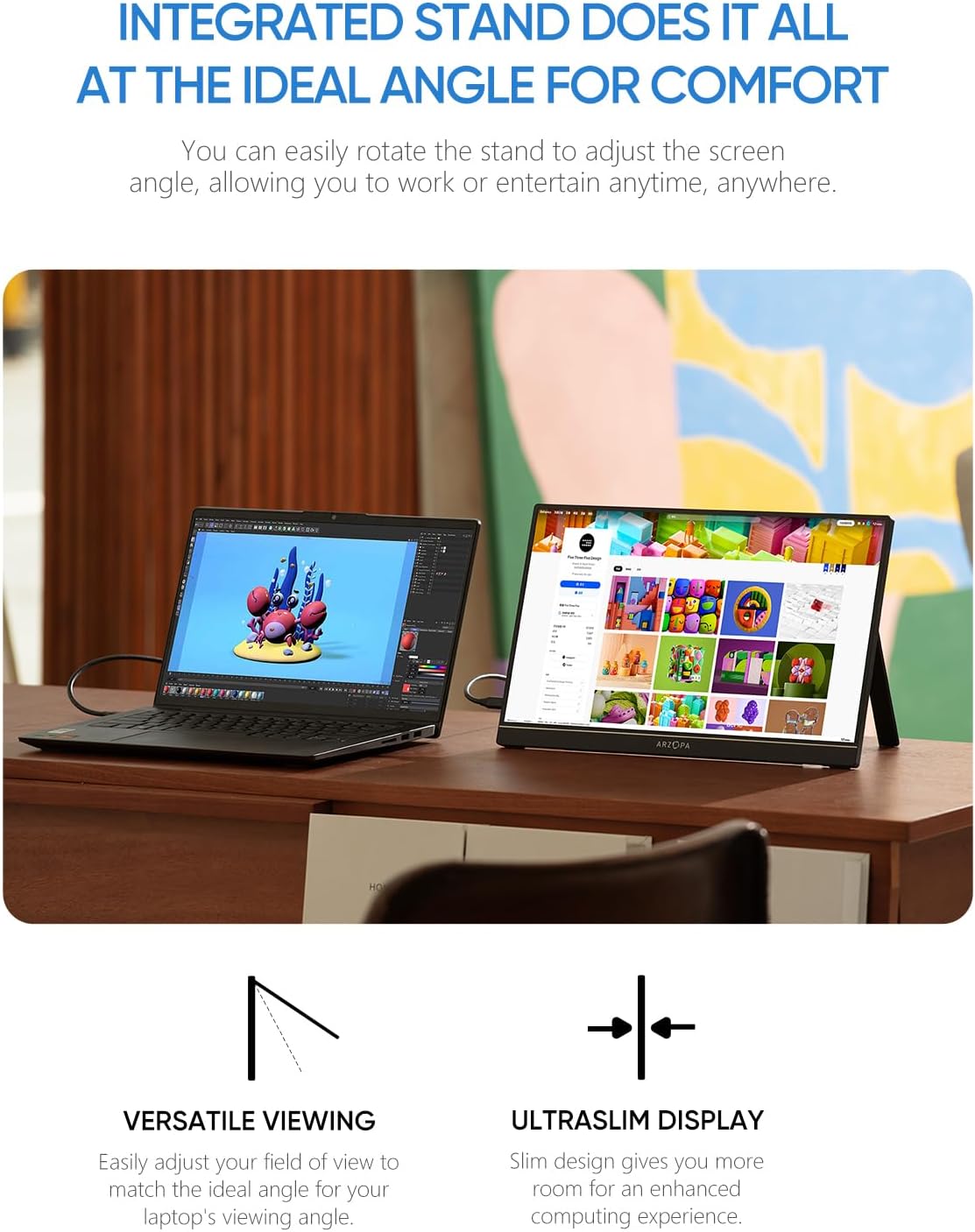 ARZOPA Portable Monitor 15.6" 1920×1080 FHD IPS Portable Monitor for Laptop with Kickstand, Ultra-Slim Second Screen for Laptop/PC/Mac/PS3/4/5/Xbox - USB C & HDMI Connectivity - A1