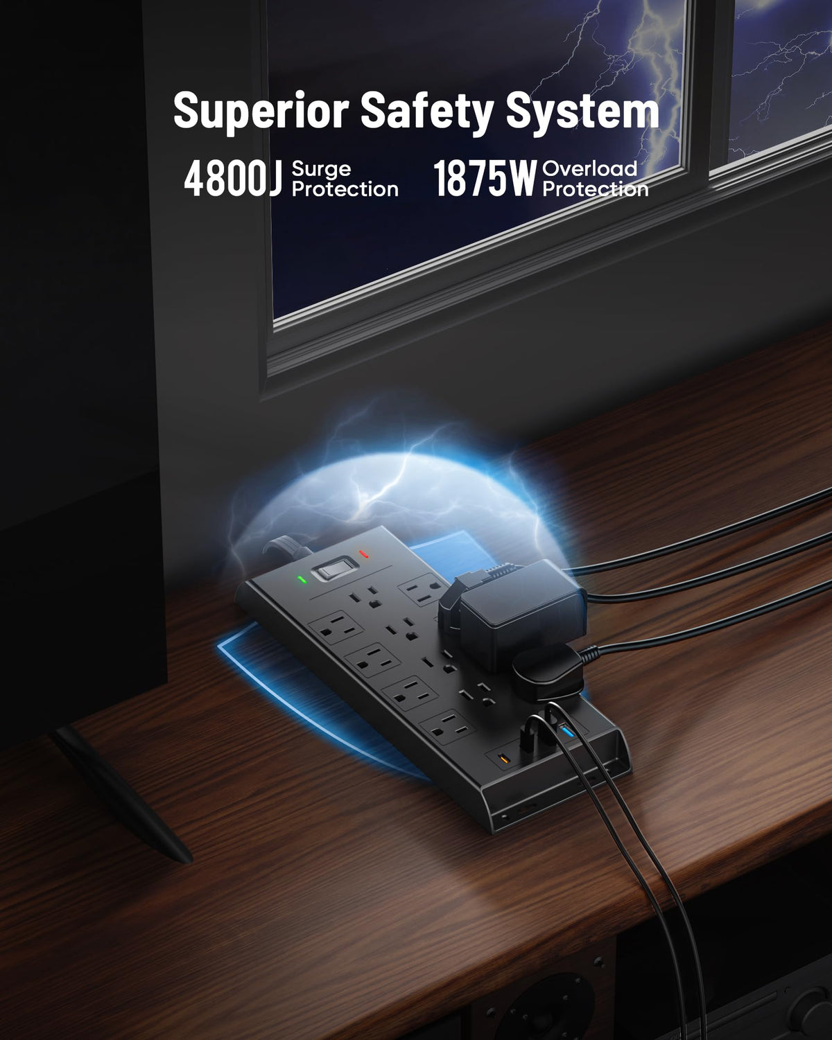 Surge Protector Power Strip 4800J, LeZone 10Ft Long Extension Cord Flat Plug, 20 Outlets 8 USB Ports(4 USB-C), Wall Mountable, Desk Charging Station, Black