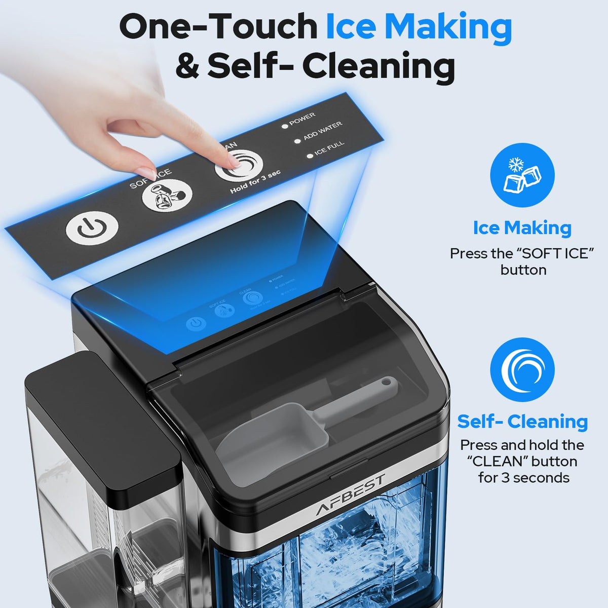 Large Capacity Countertop Ice Maker - 38 lbs/24H Output Chewable Nugget Ice, One-Touch Self-Cleaning, 3L+1.5L Dual Water Tanks, Portable Ice Machine for Home, Kitchen, Office, RV