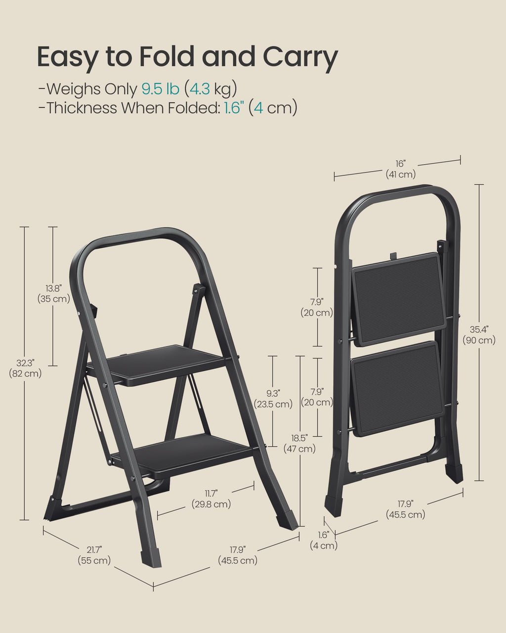SONGMICS 3-Step Ladder, Folding Step Ladder, Safety, Holds up to 150KG