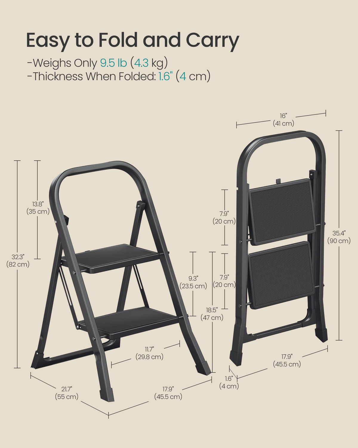 SONGMICS 3-Step Ladder, Folding Step Ladder, Safety, Holds up to 150KG
