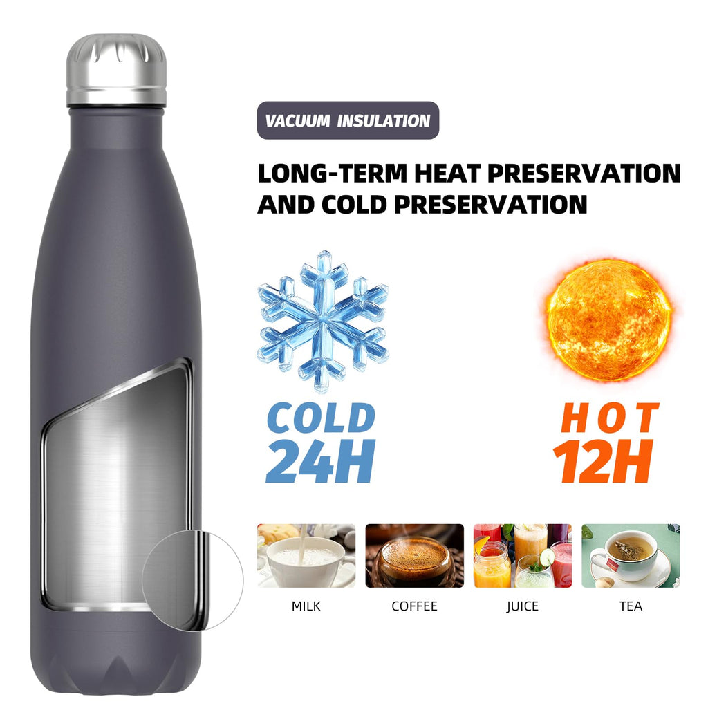 Stainless Steel Insulated Water Bottle, WATERSY Double Walled Metal Vacuum Flask Keep 24 Hrs Cold & 12 Hrs Hot Thermal Metal Sports Bottles 500ml BPA Free for Outdoor, Work, Gym, School (Black)