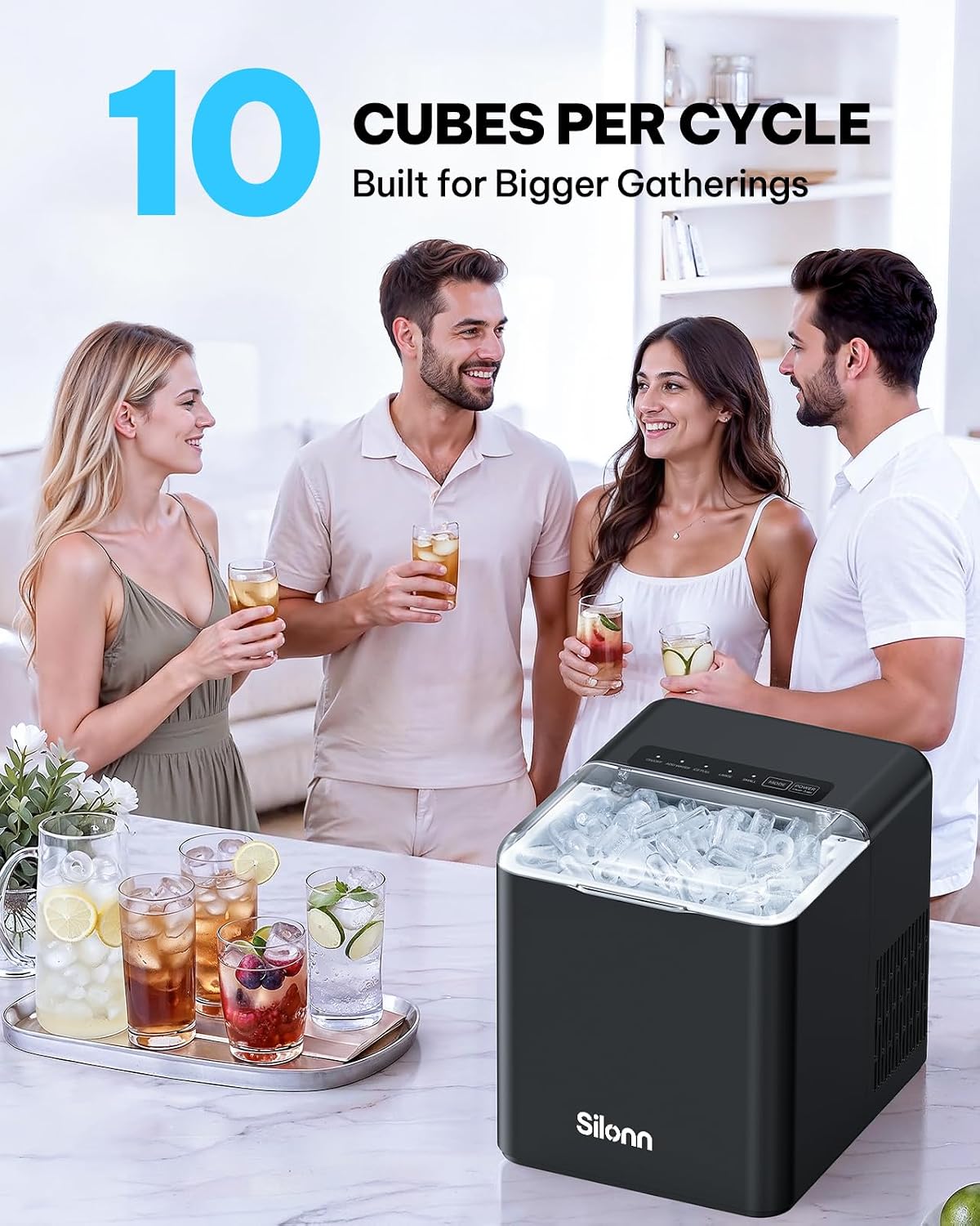 Silonn Ice Maker Countertop, 9 Cubes Ready in 6 Mins, 26lbs in 24Hrs, Self-Cleaning Ice Machine with Ice Scoop and Basket, 2 Sizes of Bullet Ice for Home Kitchen Office Bar Party