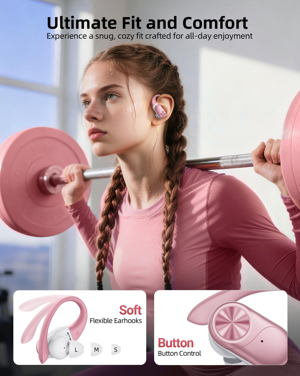 PocBuds Bluetooth Headphones Wireless Earbuds 80hrs Playtime Wireless Charging Case Digital Display Sports Ear Buds with Earhook Deep Bass IPX7 Waterproof Over-Ear Earphones for TV Phone Laptop Pink
