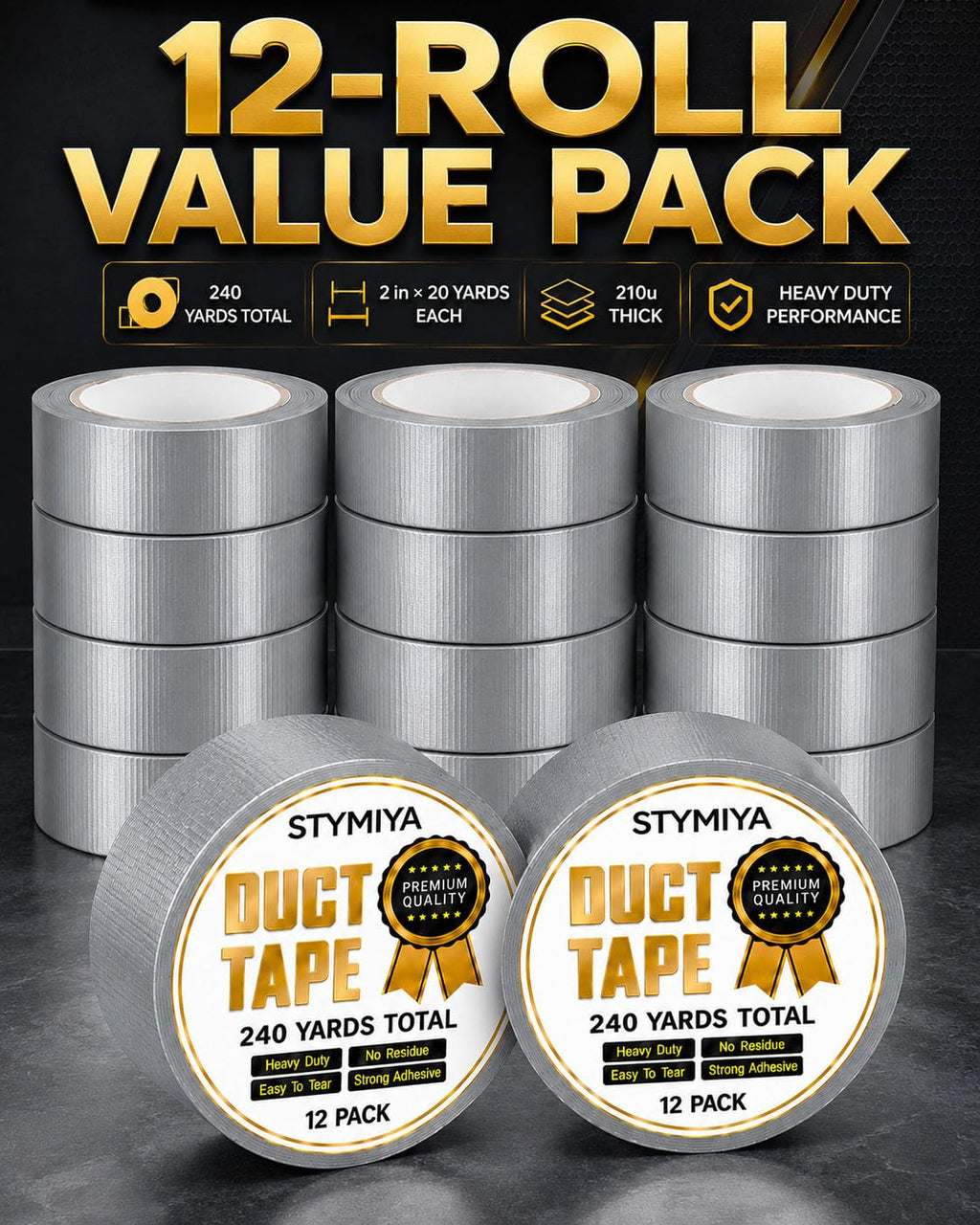 Black Duct Tape Heavy Duty: 3 Rolls 2inch x 20yd Wide Waterproof Outdoor - Strong Adhesive Weather Tapes Repair Bulk - Ductape for Patterns Masking Packing Furniture Kids Craft (3, Matte Black)