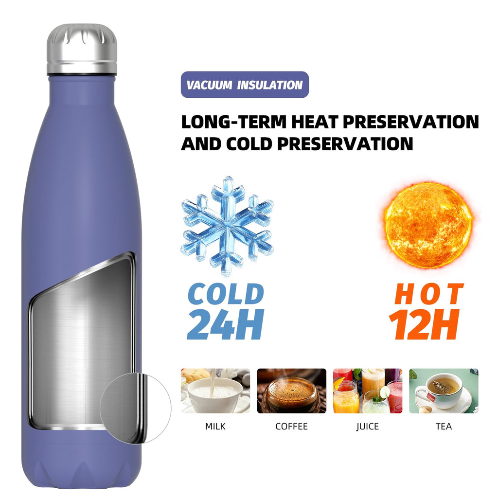 Stainless Steel Insulated Water Bottle, WATERSY Double Walled Metal Vacuum Flask Keep 24 Hrs Cold & 12 Hrs Hot Thermal Metal Sports Bottles 500ml BPA Free for Outdoor, Work, Gym, School (Black)