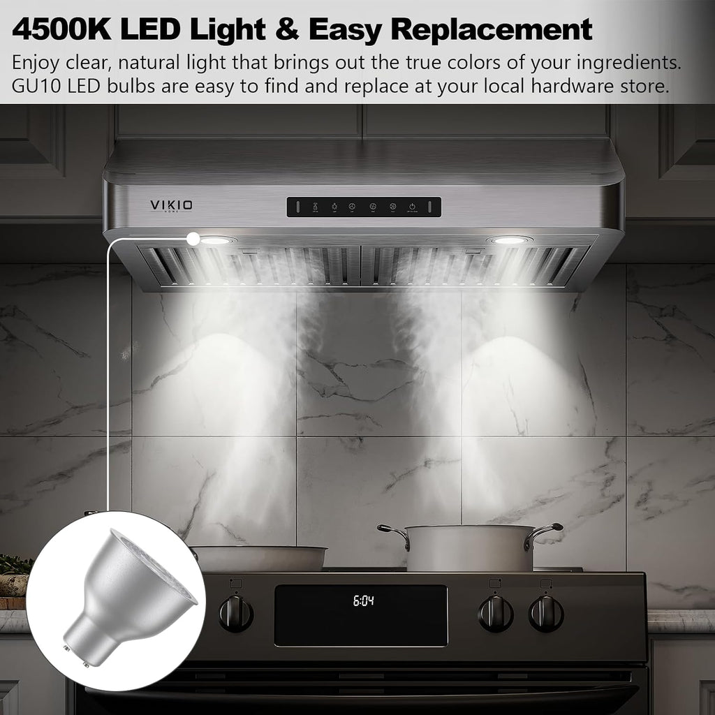 VIKIO HOME 30 Inch Under Cabinet Range Hood, 980CFM Fast Venting Ducted, Kitchen Hood With 3 Speed Gesture Sensing & Touch Control, Stainless Steel Stove Hood With LED Light And 2 Baffle Filters