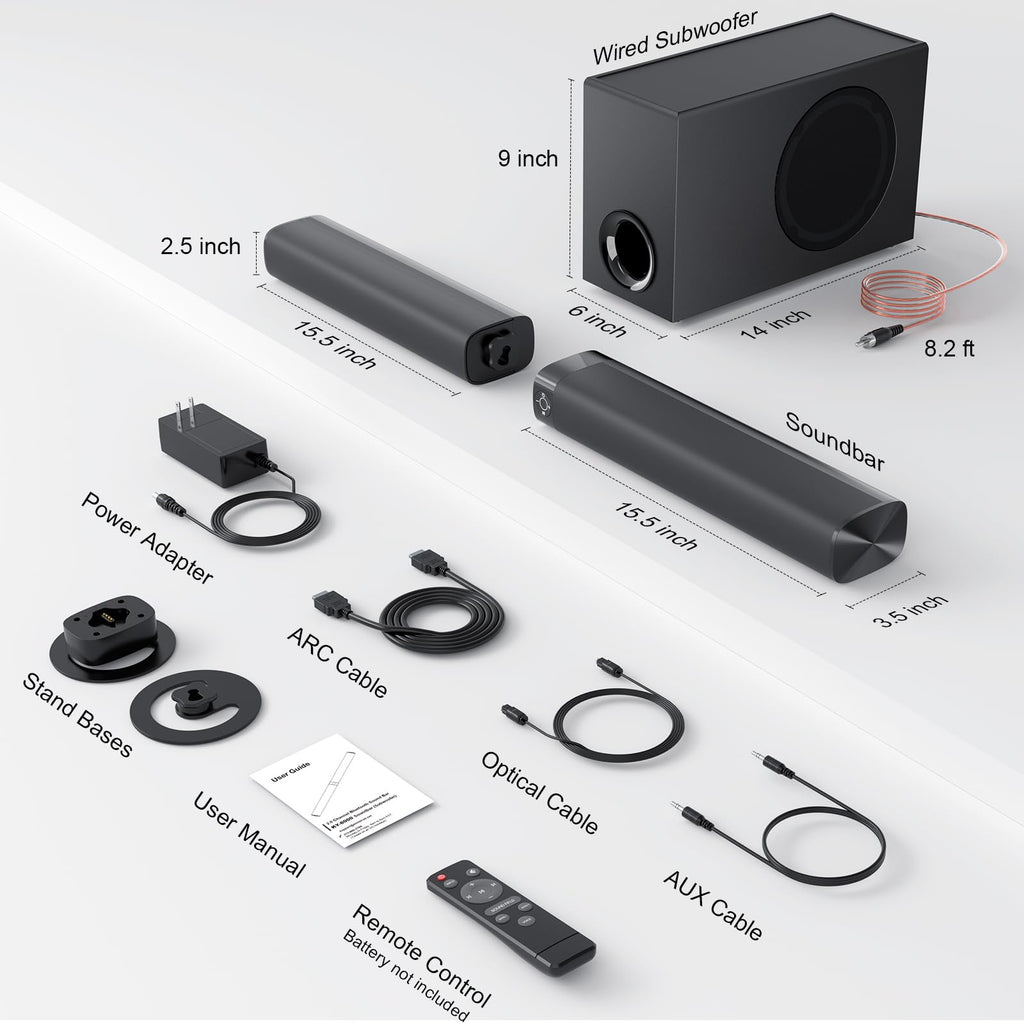 Sound Bar for Smart TV, Soundbar with Bluetooth/ARC/Opt/AUX Connect, Auto Volume Boost, 3 Equalizer Modes, 2 in 1 Detachable Soundbar for TV/PC/Gaming/Projectors