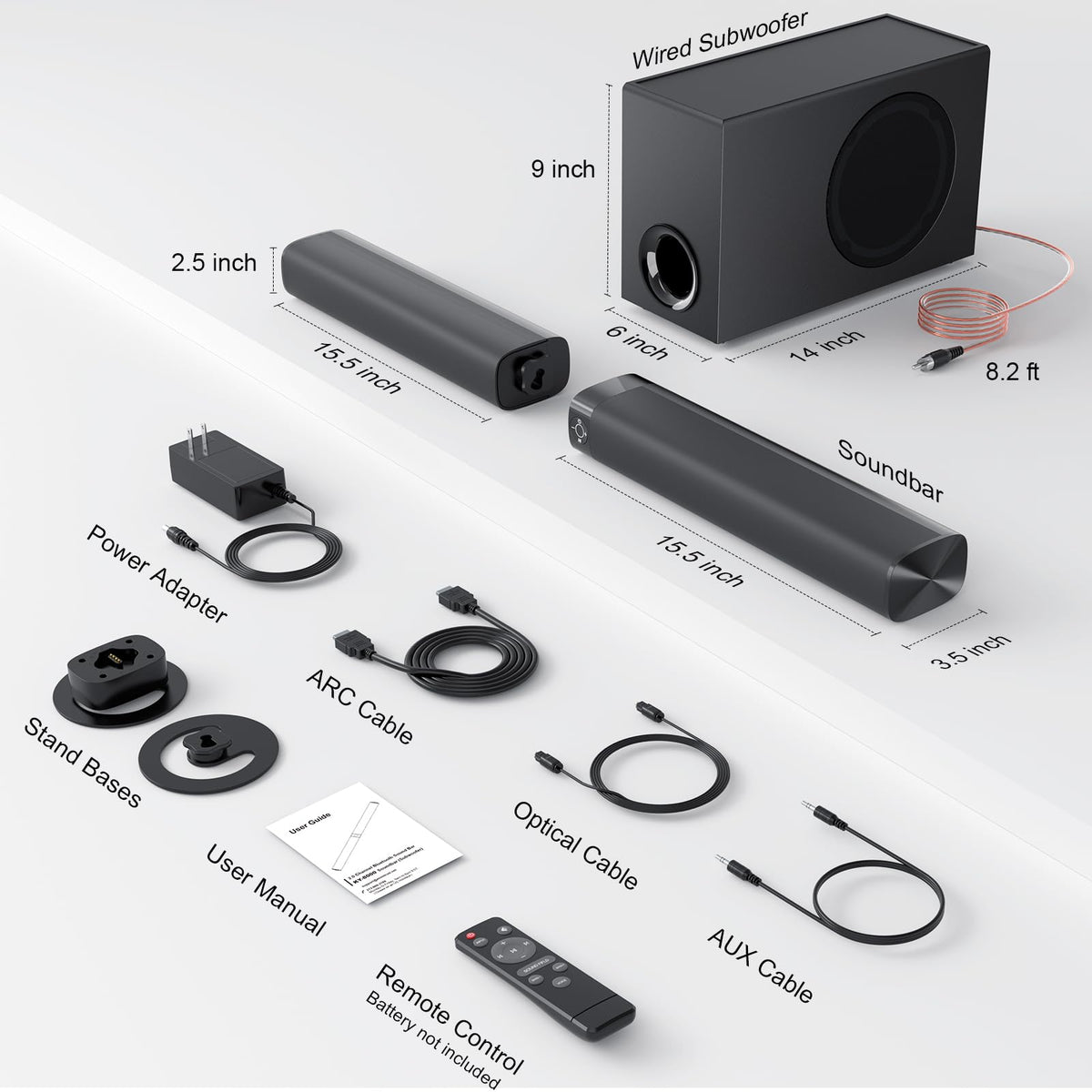 Sound Bar for Smart TV, Soundbar with Bluetooth/ARC/Opt/AUX Connect, Auto Volume Boost, 3 Equalizer Modes, 2 in 1 Detachable Soundbar for TV/PC/Gaming/Projectors