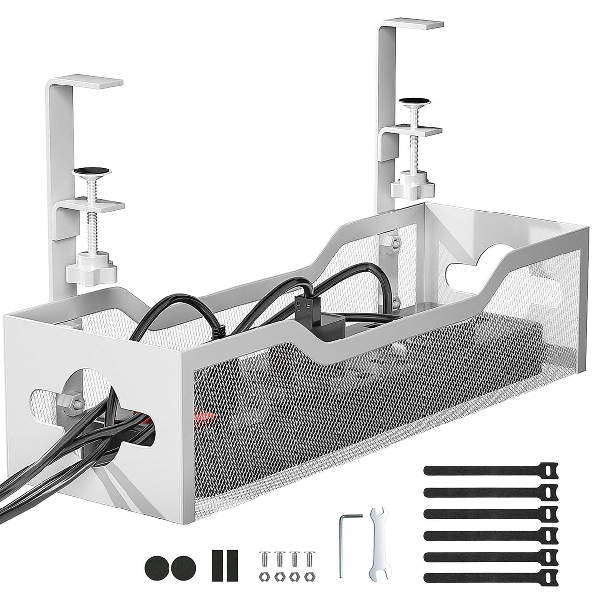 Under Desk Cable Management Tray 2 Pack, No Drill Cable Organizer With Clamp for Standing Desk, Easy to Install Cord Management System, No Damage Wire Organizer
