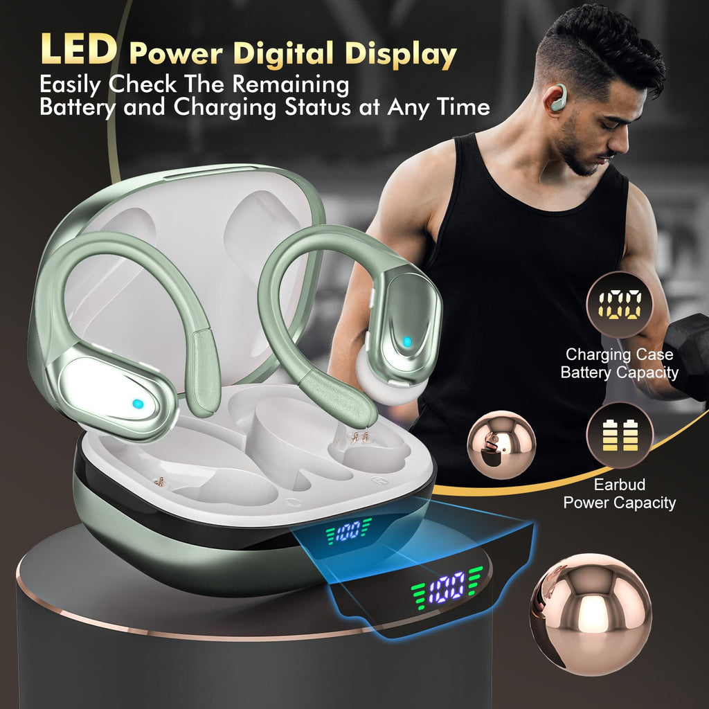 HAOYUYAN Wireless Earbuds, Sports Bluetooth Headphones, 80Hrs Playtime Ear Buds with LED Power Display, Noise Canceling Headset, IPX7 Waterproof Earphones for Workout/Running (Camel)