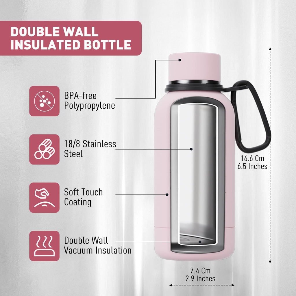 Exllena Insulated Black Water Bottles 750ml with Clip, Double Wall Vacuum Drinks Bottle Keeps Drinks Cold 24 Hrs/Hot 12 Hrs, Stainless Steel Water Bottle BPA Free