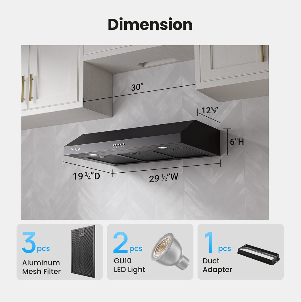 VIKIO HOME Under Cabinet Range Hood 30 Inch, 1200 CFM Dual-Motor Kitchen Vent with LED Lights, Button Control, Ducted Stainless Steel Vent Hood, Reusable 5-Layer Aluminum Filters, Black