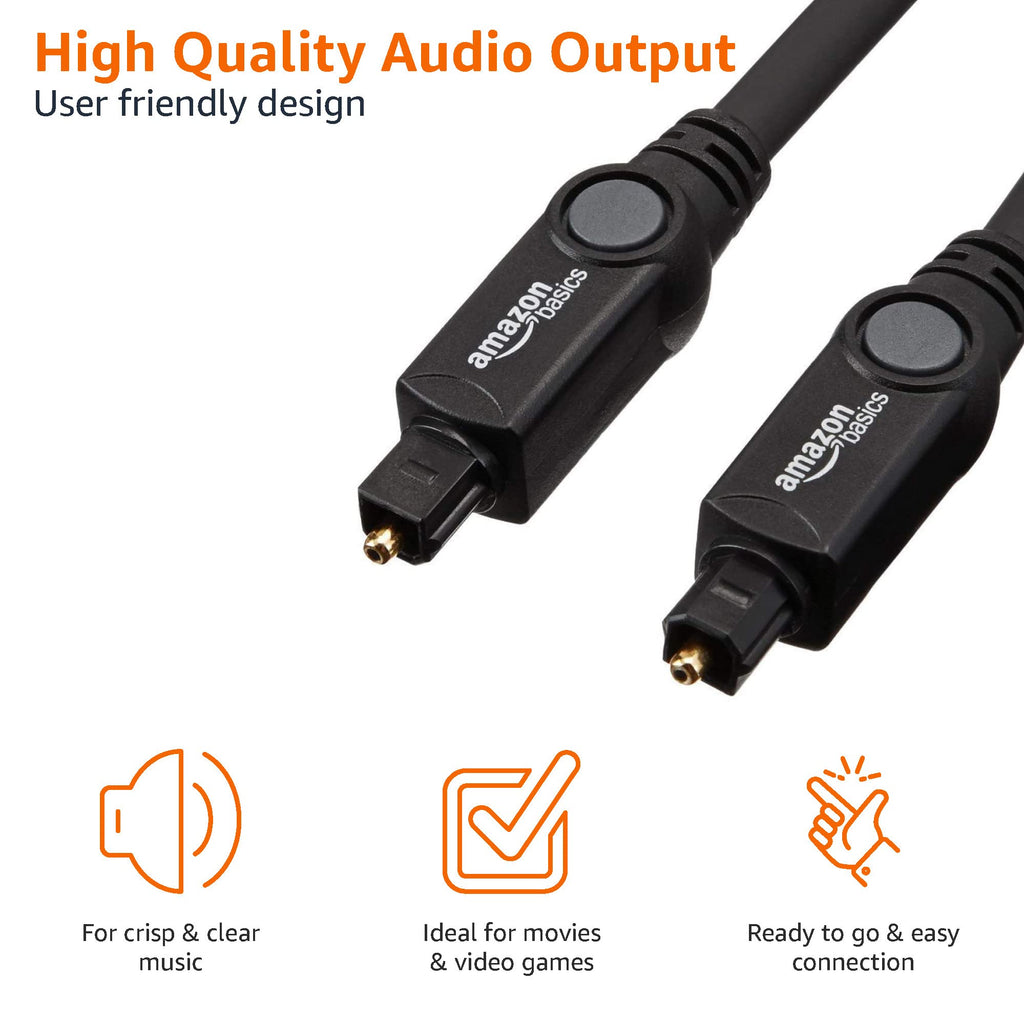 Amazon Basics Toslink Digital Optical Audio Fiber Optic Cable, Multi-Channel, for Sound Bar, Audio System, Home Theatre, Game Console, Blu-Ray Player, Gold-Plated Connectors, 6 Foot, Black