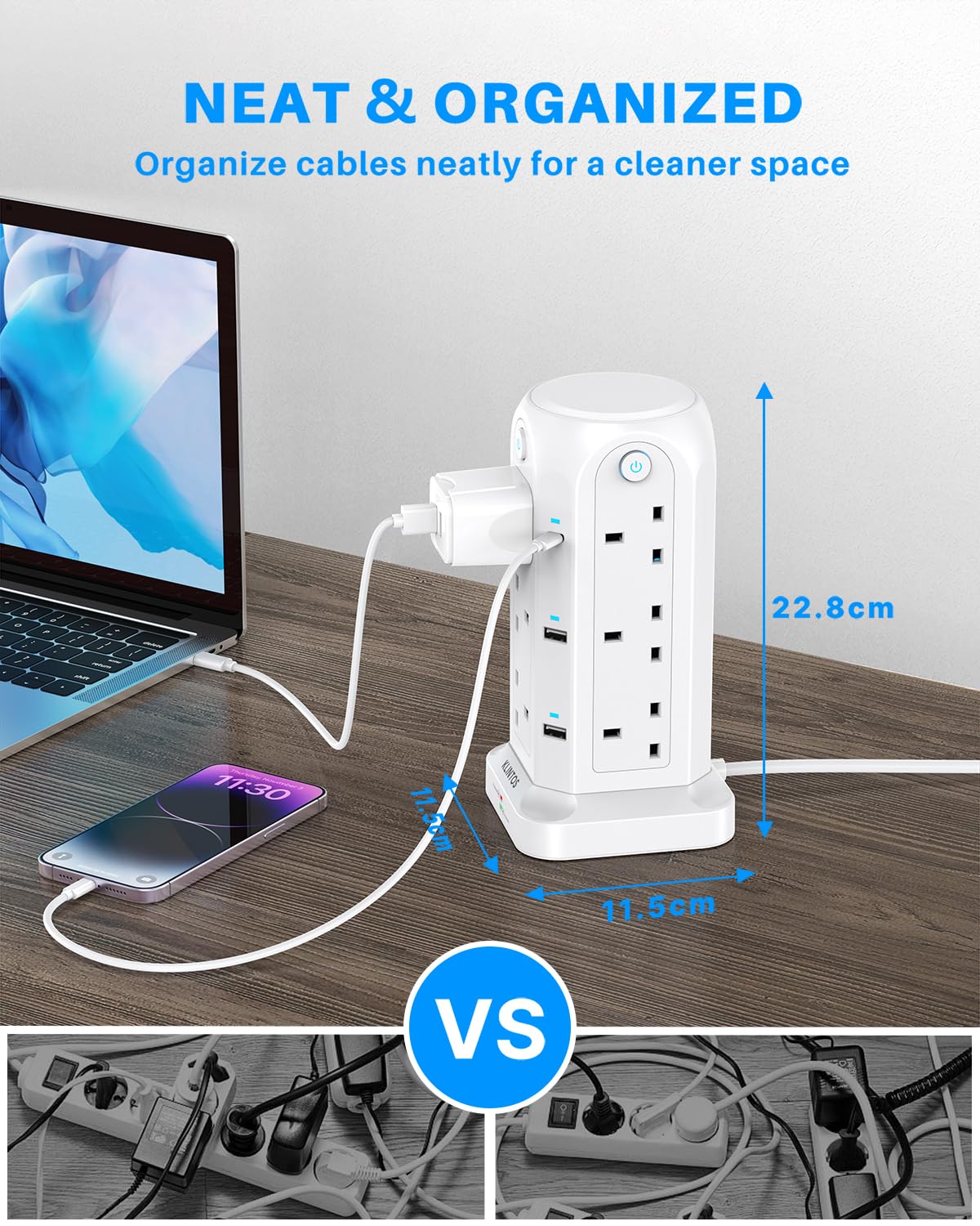 Tower Extension Lead 2M, 12 Way, 6 USB, 4 Independent Switches