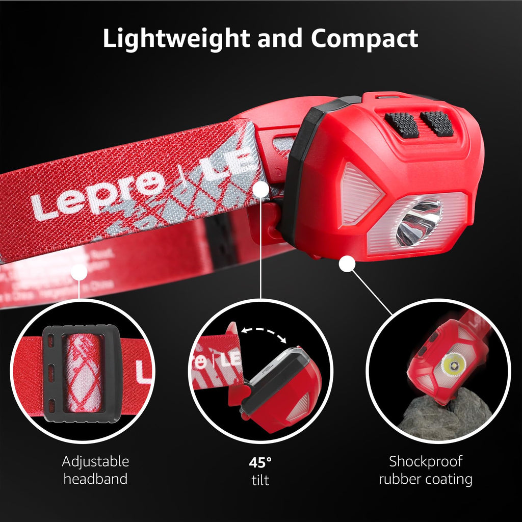 Lepro LED Head Torch 2 Pack with Red Light, Super Bright Headlamp 6 Modes