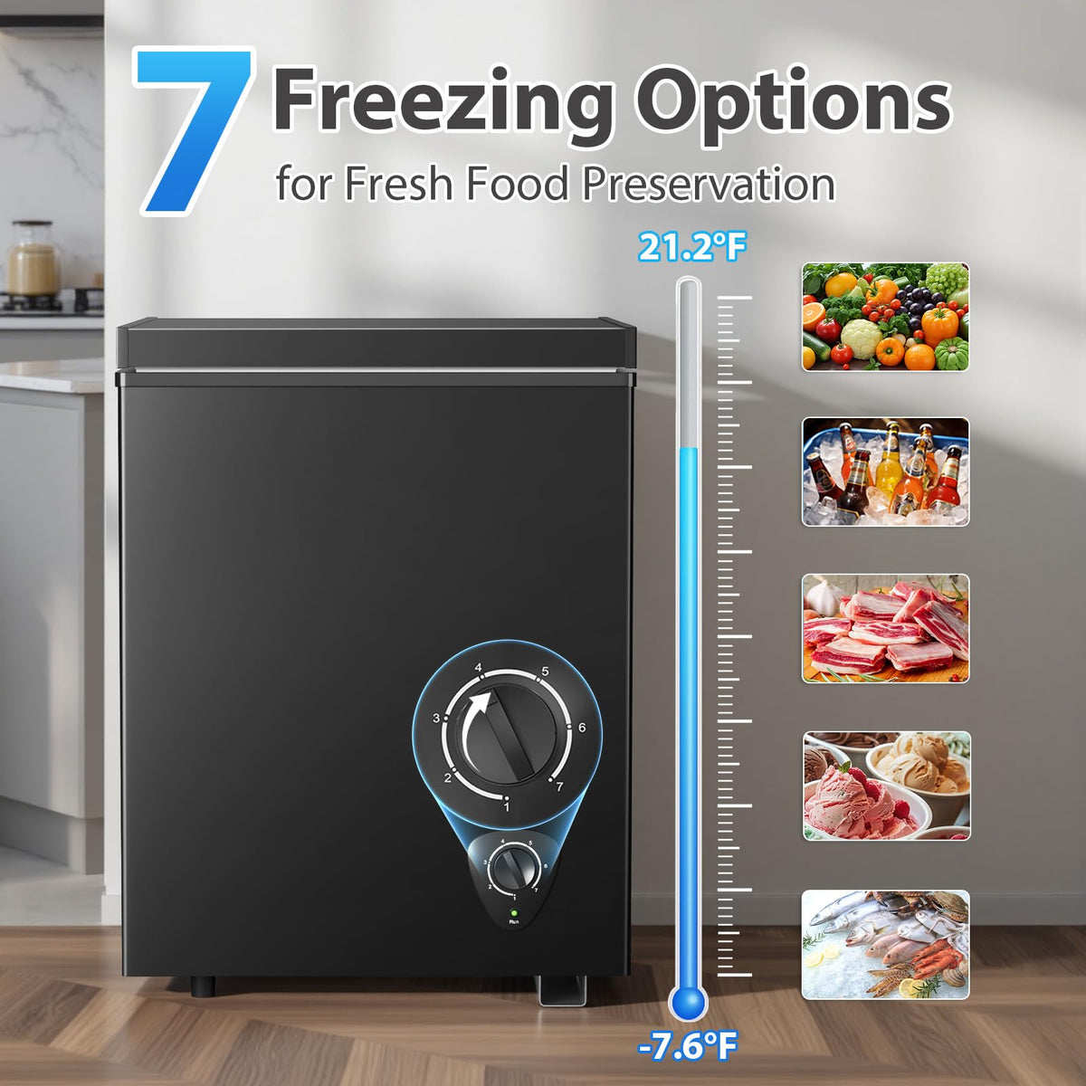 Lifeplus Chest Freezer, 3.5 Cubic Feet Small Deep Freezer Compact Top Open Door with Removable Basket, 7 Temperature Control Energy Saving Super Quiet for Kitchen Office Apartment Garage, Grey