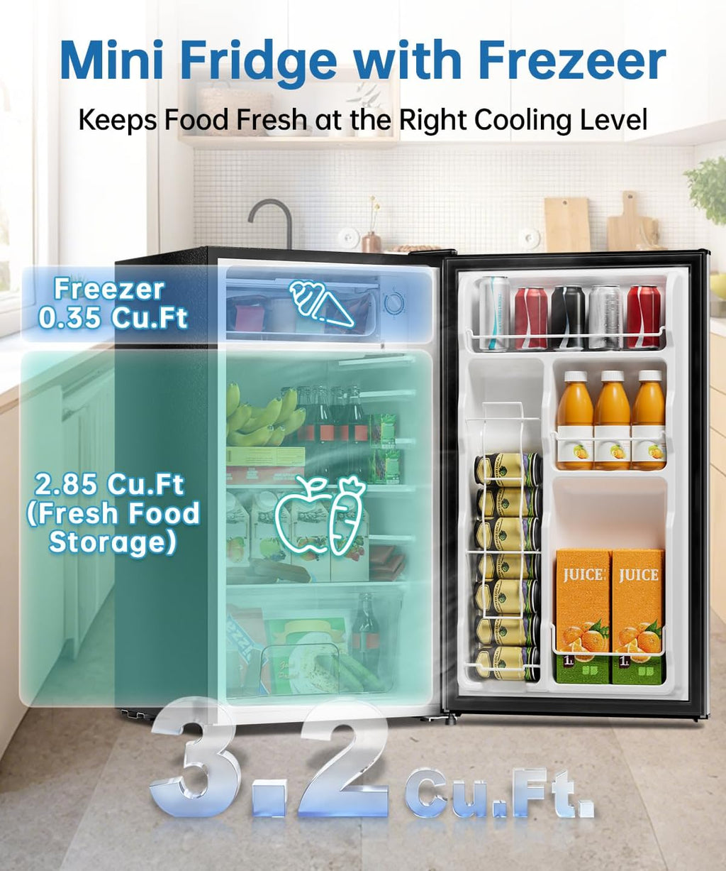 3.2 Cu Ft Mini Fridge with Freezer, Single Door Upright Freezer