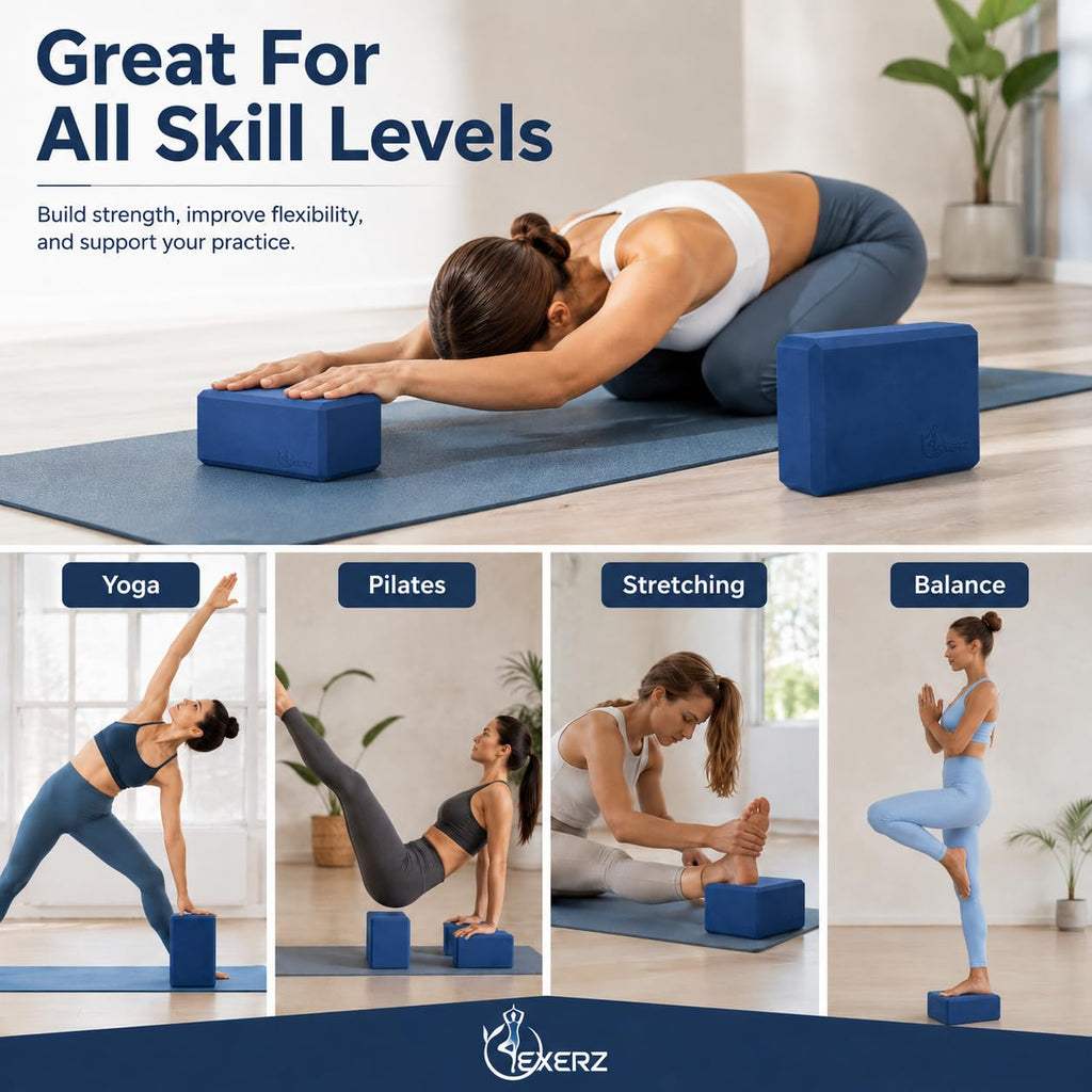 EXERZ Yoga Blocks 2pcs Gym Bricks -Comfortable Fitness Yoga Bricks, Anti-Slip, Lightweight and Travel Friendly Pilates Practice