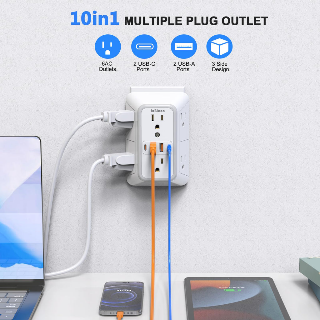 3 Pack Surge Protector Outlet Extender, 6 Outlet Splitter with 4 USB Ports (2 USB C), Multi Plug Wall Outlet 1050J Power Strip, USB Wall Charger for Home Office Kitchen Travel-ETL
