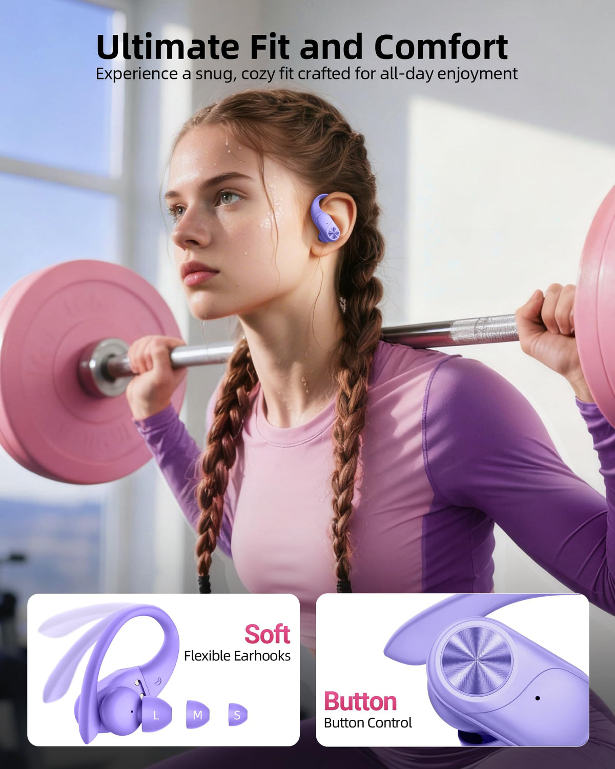 PocBuds Bluetooth Headphones Wireless Earbuds 80hrs Playtime Wireless Charging Case Digital Display Sports Ear Buds with Earhook Deep Bass IPX7 Waterproof Over-Ear Earphones for TV Phone Laptop Pink
