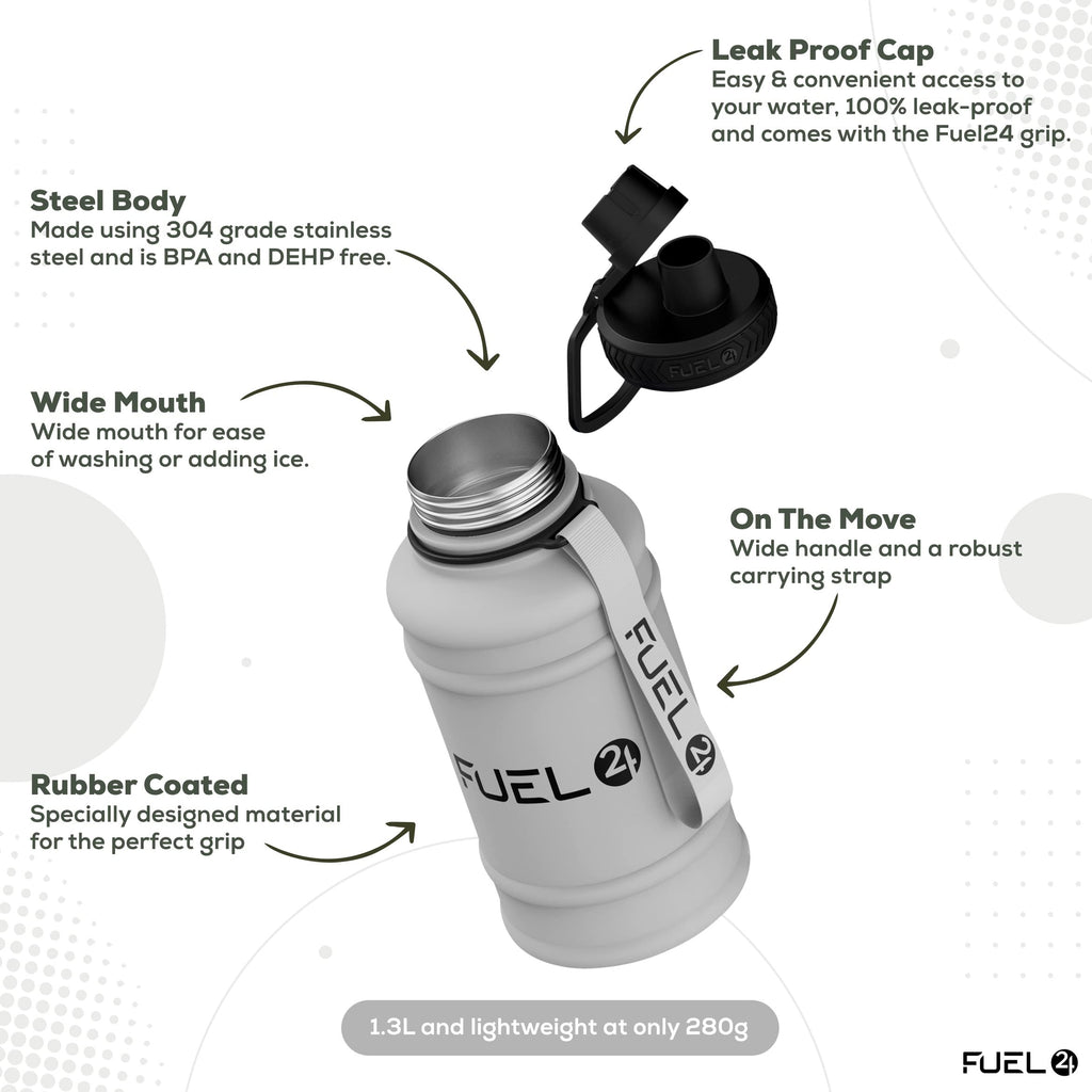 Fuel24 Stainless Steel Jug - 1.3 or 2.2 Litre Water Bottle - Extra Strong, BPA Free, Leak Proof - Large Gym Sports Bottle, 1.3L, 2.2L, Metal Bottle - Colour Options