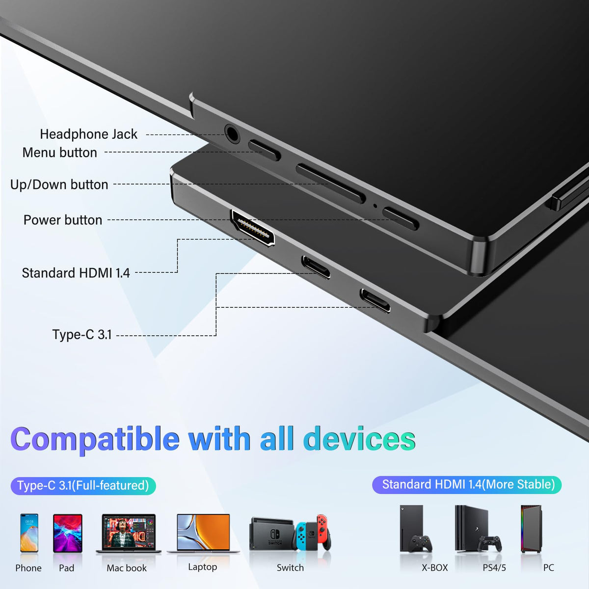 InnoView Portable Monitor, 15.6 Inch FHD 1080P HDMI USB C Second External Monitor for Laptop, Desktop, MacBook, Phones, Tablet, PS5/4, Xbox, Switch, Built-in Speaker with Protective Case