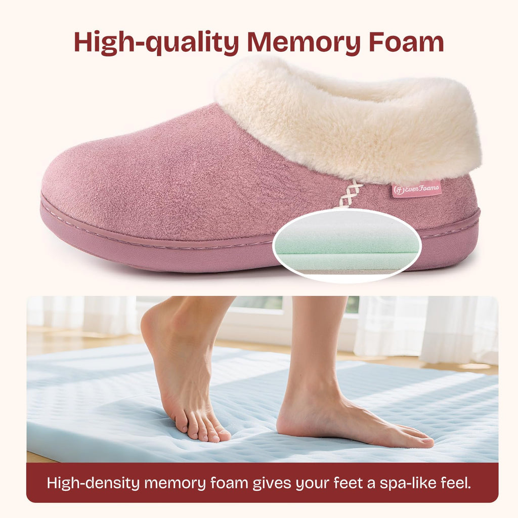 EverFoams Women's Suede Bootie Slippers Fuzzy Plush Collar Memory Foam