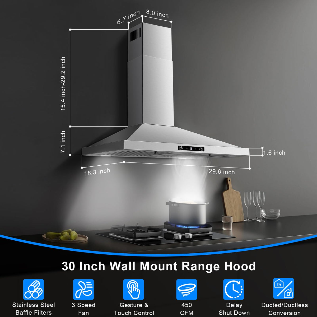 24 inch Range Hood, Ducted/Ductless Range Hood 450CFM, Wall Mount
