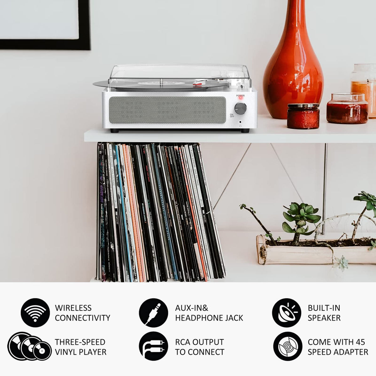 Seasonlife® Retro Vinyl Record Player with Stereo Speakers,Walnut Brown