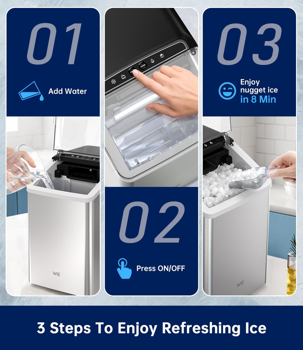 WIE Nugget Ice Maker Countertop, Sonic-Style Chewable Nugget Ice, 40lbs/Day, Fast Ice Making, Quiet Operation, Self-Cleaning Ice Maker Machine, Compact Ice Machine for Home Kitchen Party