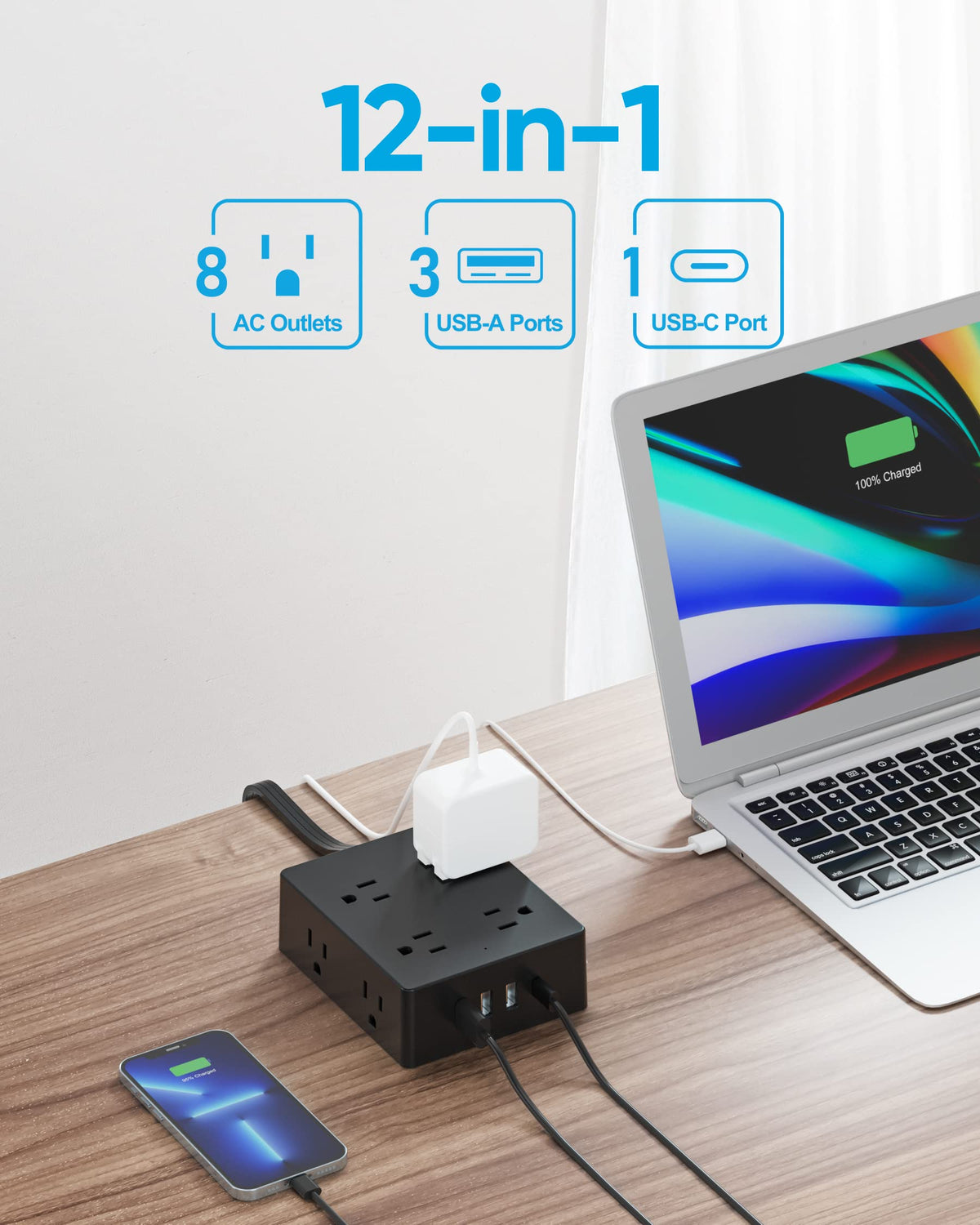 Olcorife Flat Plug Power Strip with 15 FT Extension Cord, 8 Outlets 4 USB Ports(1 USB C), 3 Sided Outlet Extender for Home Office Travel Dorm Room Essentials, White