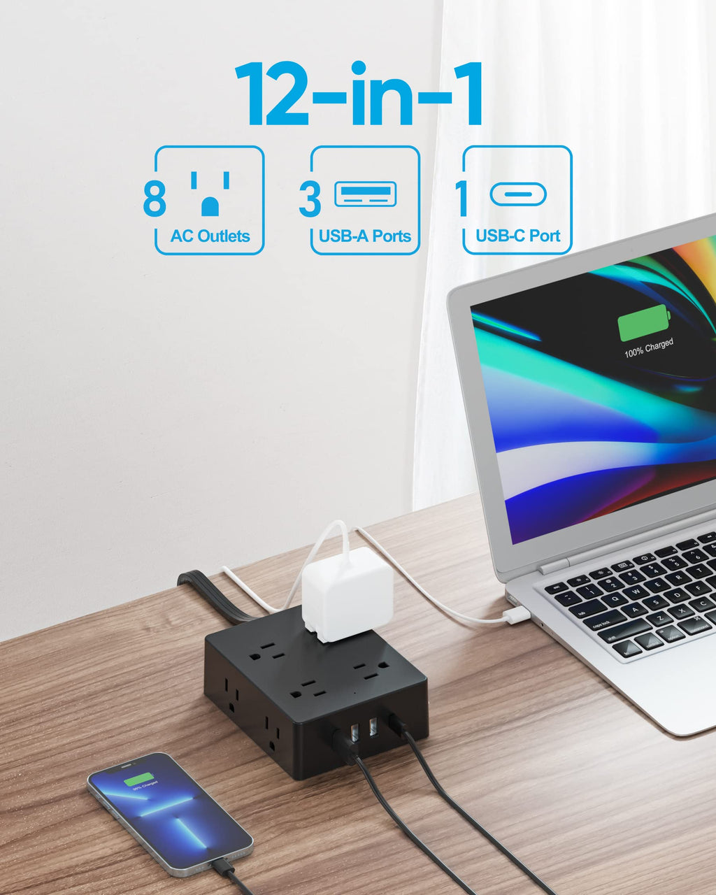 Olcorife Flat Plug Power Strip with 15 FT Extension Cord, 8 Outlets 4 USB Ports(1 USB C), 3 Sided Outlet Extender for Home Office Travel Dorm Room Essentials, White