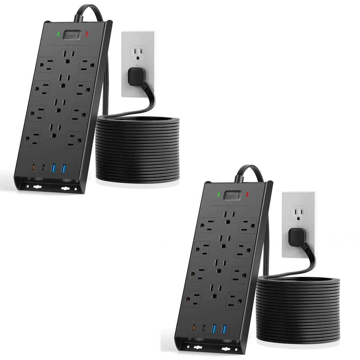 Surge Protector Power Strip 4800J, LeZone 10Ft Long Extension Cord Flat Plug, 20 Outlets 8 USB Ports(4 USB-C), Wall Mountable, Desk Charging Station, Black