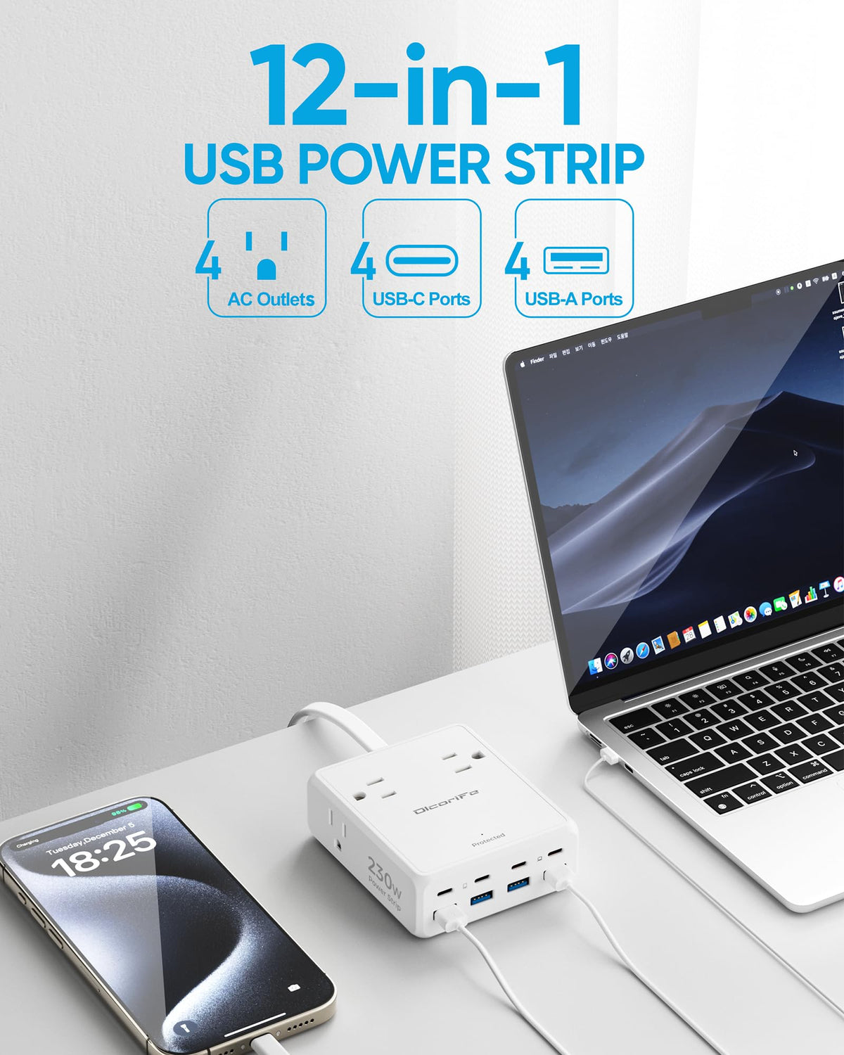 Olcorife Flat Plug Power Strip with 25 FT Extension Cord, 8 Outlets 8 USB Ports(4 USB C), 3 Sided Outlet Extender for Home Office Travel Dorm Room Essentials, White