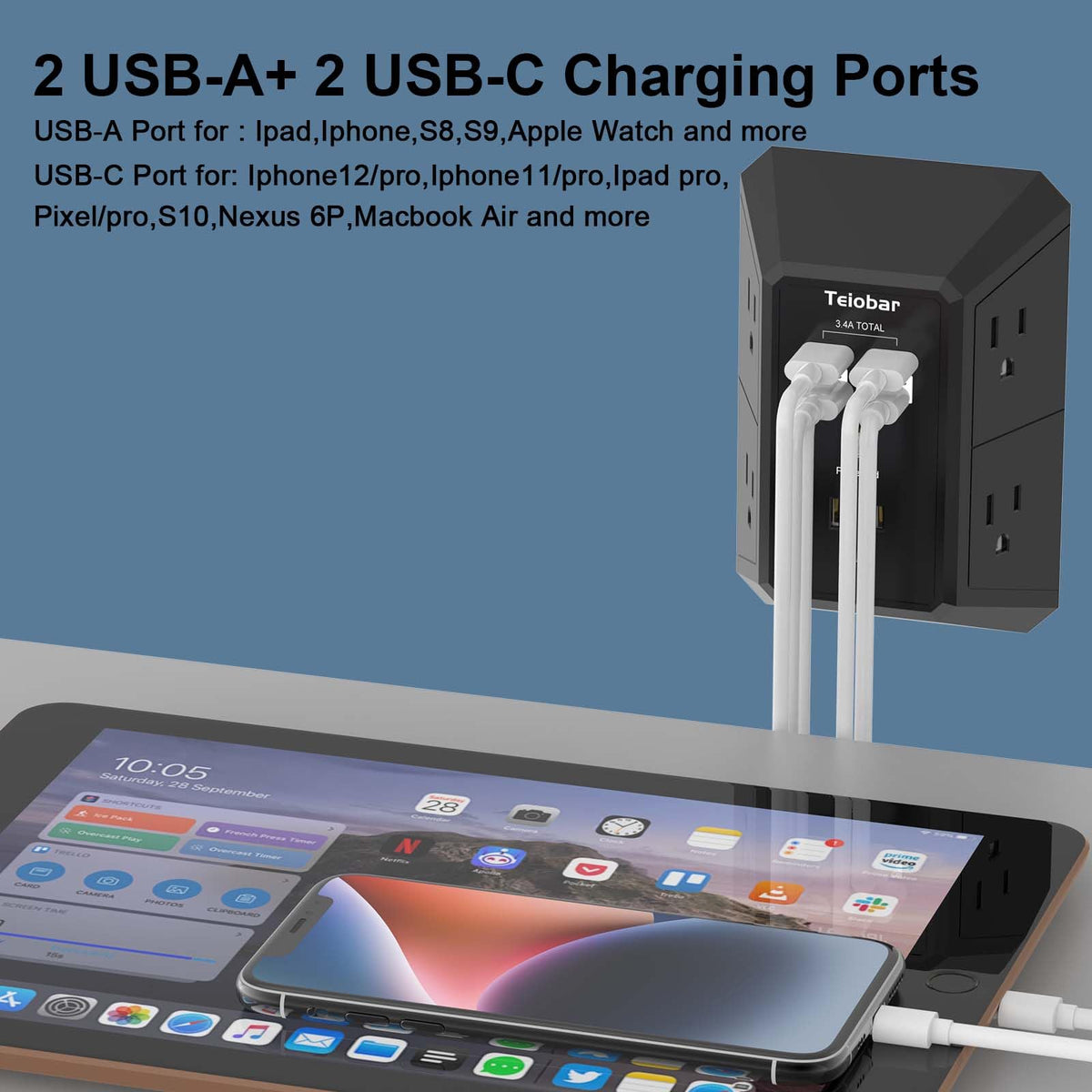 Multi Plug Wall Outlet Surge Protector with 6-Outlet & 4 USB Ports(2USB-C)