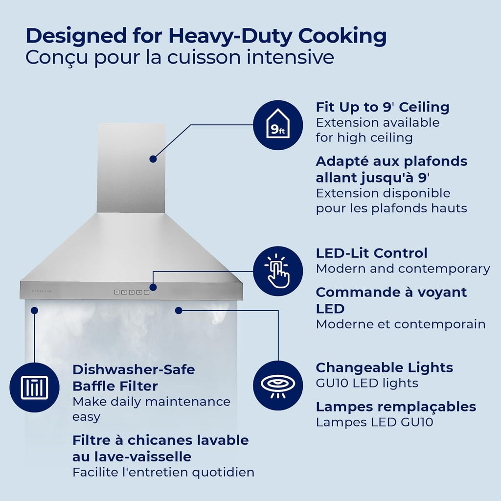 Hauslane Wall Mount Range Hood 30 Inch Convertible 350-750 CFM Low Noise