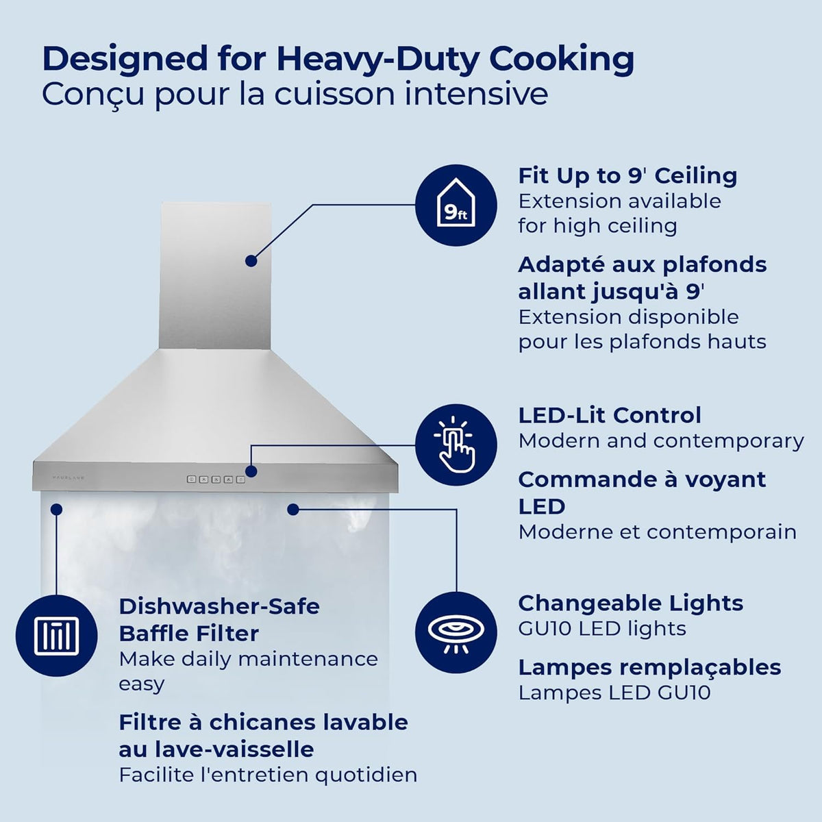 Hauslane Wall Mount Range Hood 30 Inch Convertible 350-750 CFM Low Noise