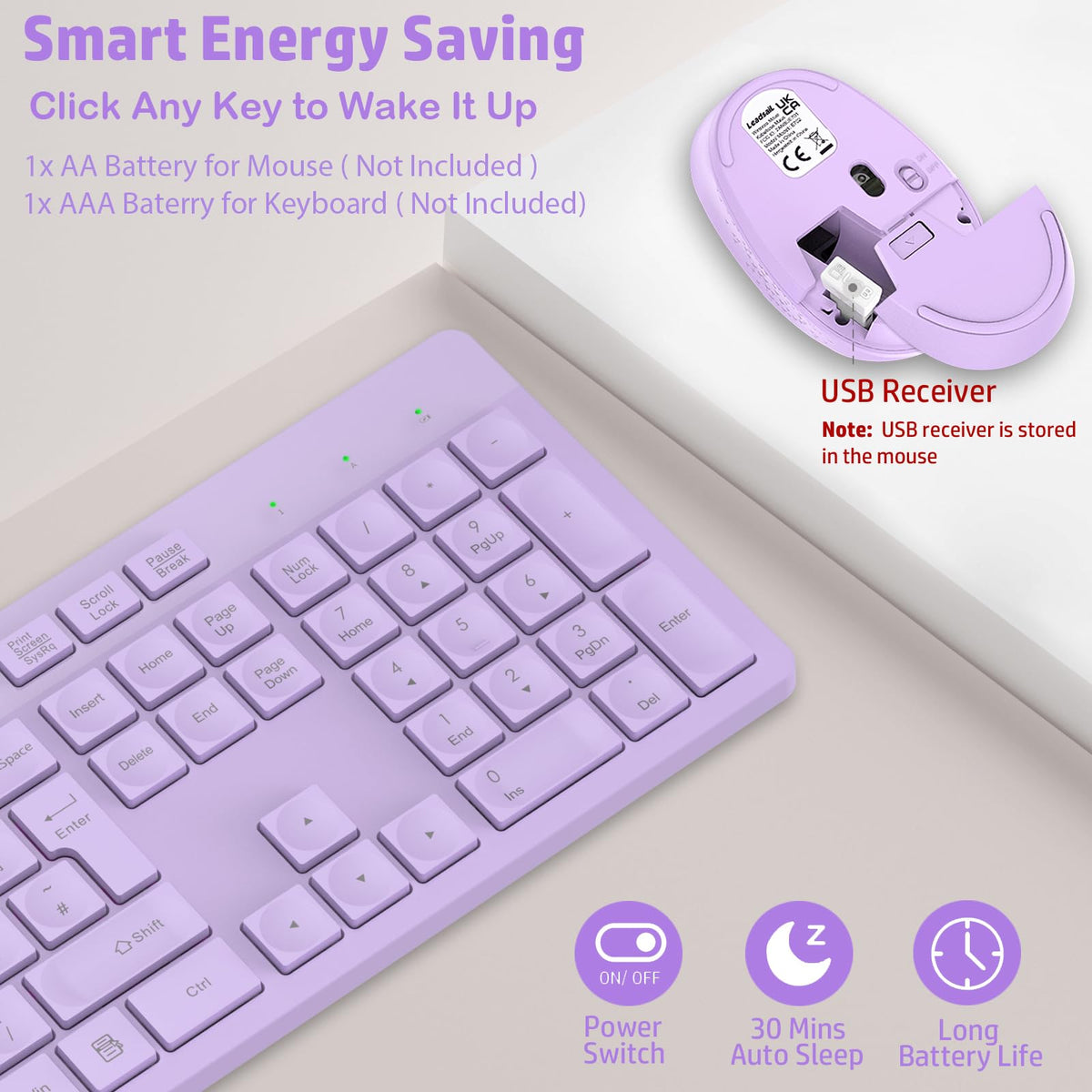 LeadsaiL Wireless Keyboard and Mouse Set, 2.4GHz USB Computer Keyboards and Mouse Combo, Ergonomic Design with 12 Multimedia Shortcuts for HP/Lenovo Laptop and Mac-Pink