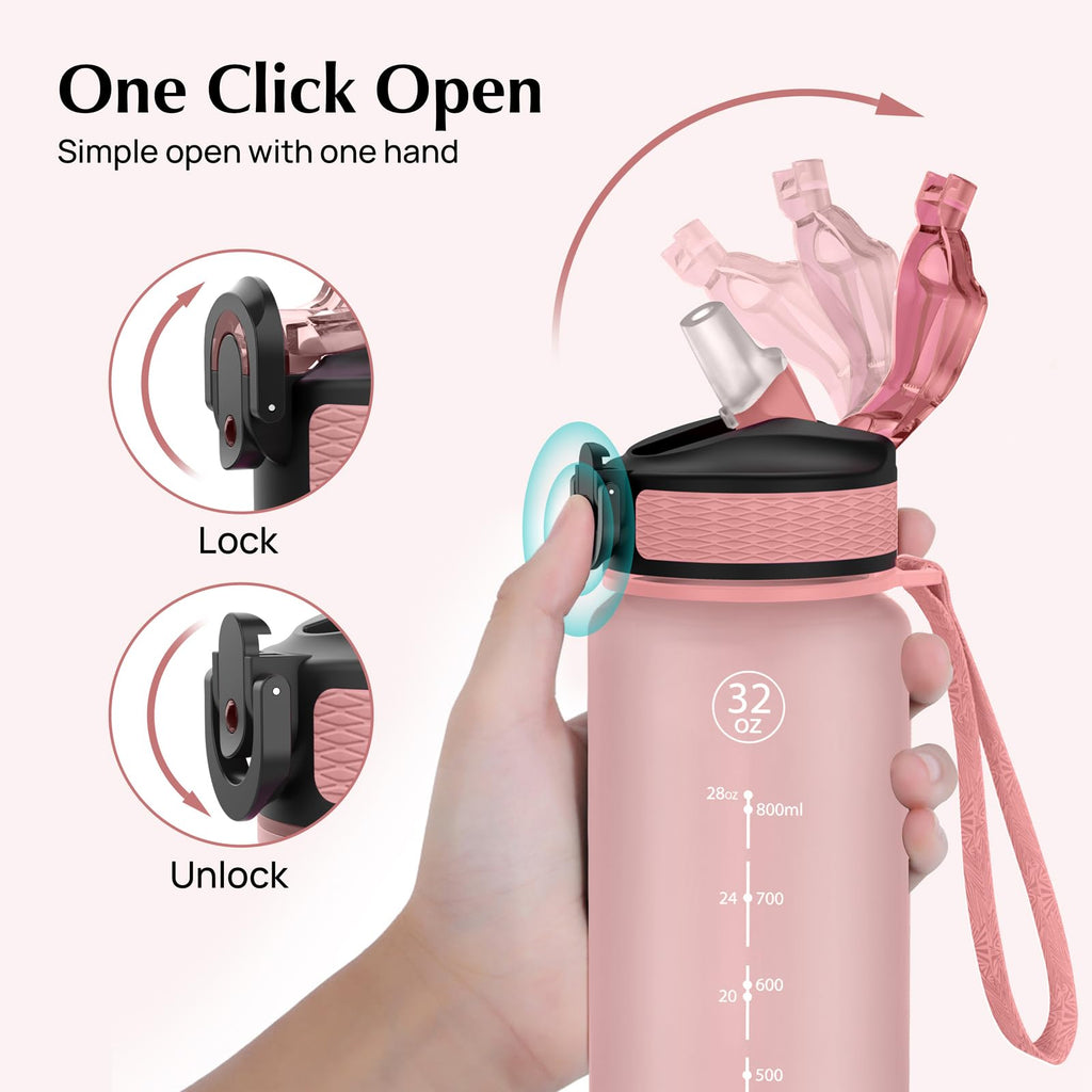 EYQ 1L Water Bottle, 1 Litre Water Bottle with Straw, 32oz Leak-Proof Motivational Sports Drinks Bottle with Time Marker, Tritan BPA-Free, Drinking Waterbottles for Gym Outdoor Sports