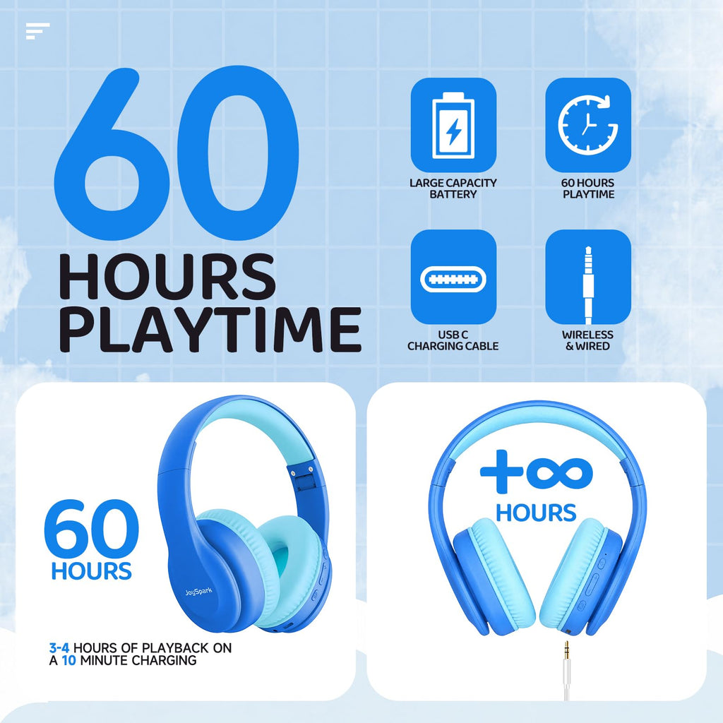 JoySpark Kids Bluetooth Headphones Over-Ear, 60Hrs, Built-in Mic-Purple