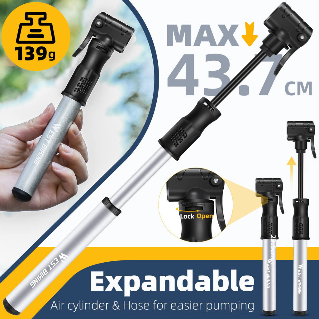 Bicycle Pump Mini Bike Pump Aluminum Alloy Cycle Pump for Presta & Schrader Valve, Portable Lightweight Bike Tyre Pump Fast Tyre Inflation Mini Air Pump For Mountain Road Bike Ball Pump