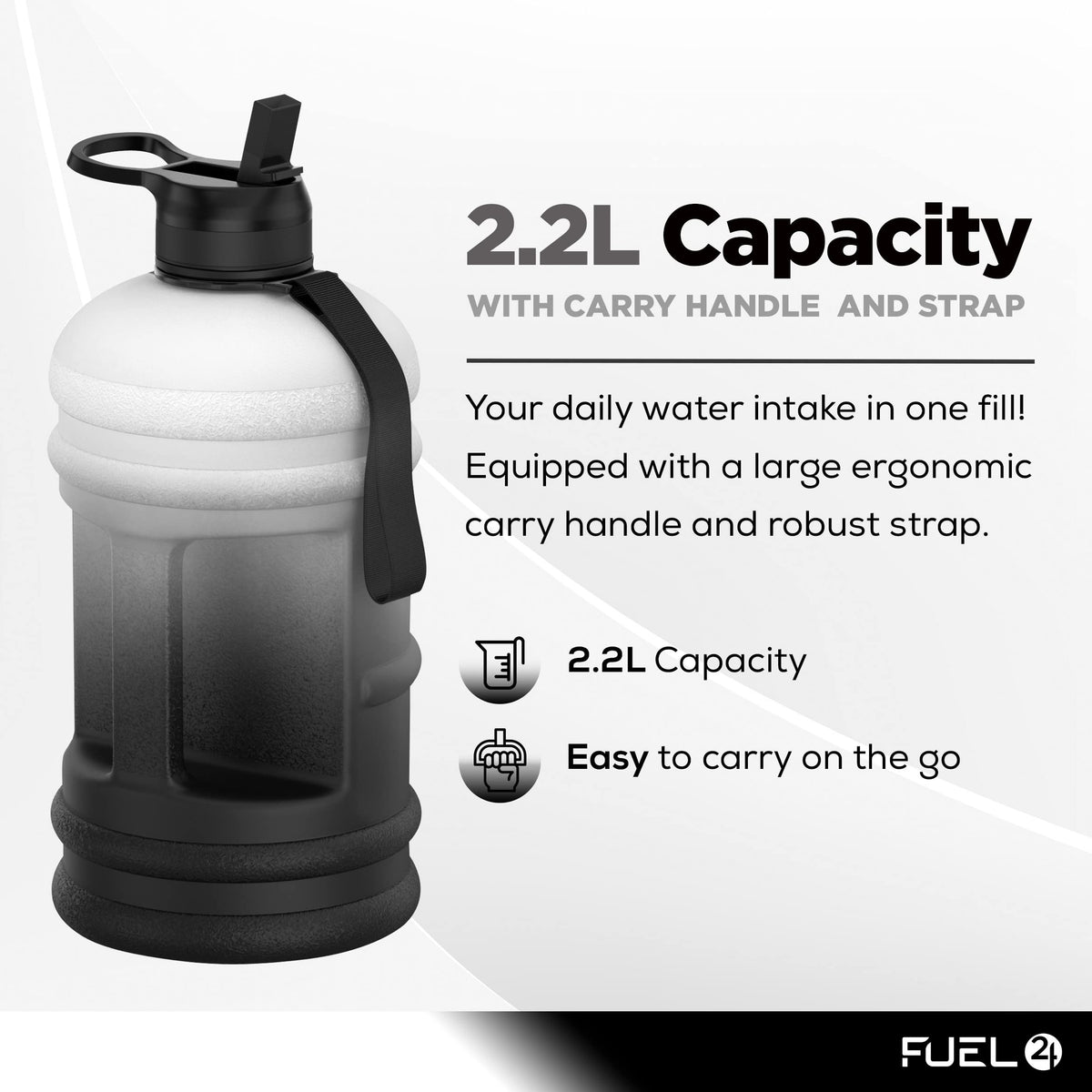 Fuel24 Jug - 2.2 Litre Water Bottle - Extra Strong Flex Material - Drop Proof, Pop or Straw Cap Options - 2.2L Large Gym Sports Bottle, BPA FREE