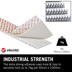 VELCRO Brand, Heavy Duty Stick On Tape, Cut-to-Length Industrial Extra Strong Double Sided Hook & Loop Self Adhesive Tape Perfect for Room Décor & Home, Office, Garage Use, White, 50mm x 1m