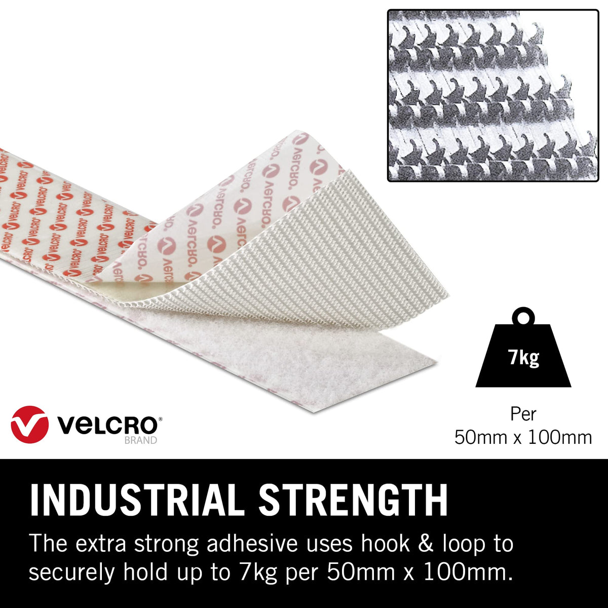 VELCRO Brand, Heavy Duty Stick On Tape, Cut-to-Length Industrial Extra Strong Double Sided Hook & Loop Self Adhesive Tape Perfect for Room Décor & Home, Office, Garage Use, White, 50mm x 1m