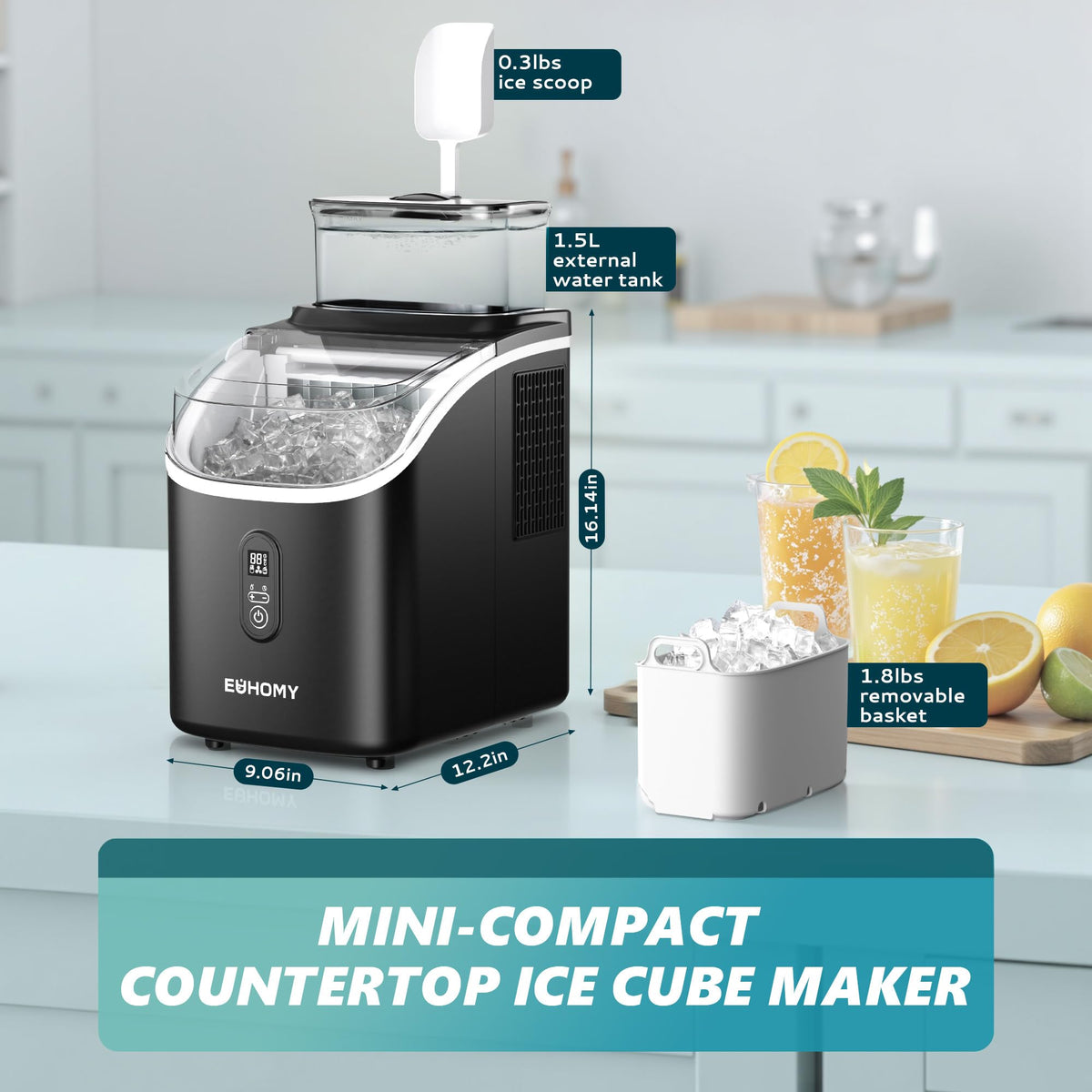 EUHOMY Countertop Ice Maker Machine with Handle, 26.4lbs Per Day, 9 Ice Cubes Ready in 6 Mins, Auto-Cleaning Portable Ice Maker with Basket and Scoop, for Home/Kitchen/Camping/RV (Black)